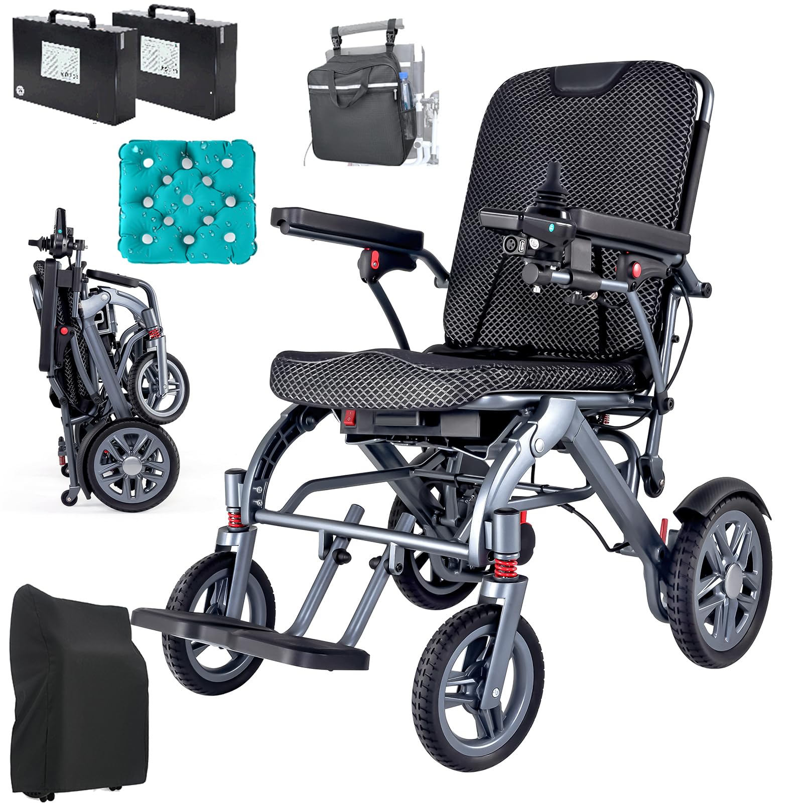 Silla de ruedas eléctrica plegable con batería doble, ligera, 48KM, con neumáticos de goma para todo terreno, iluminación frontal y trasera, aprobada para aviones