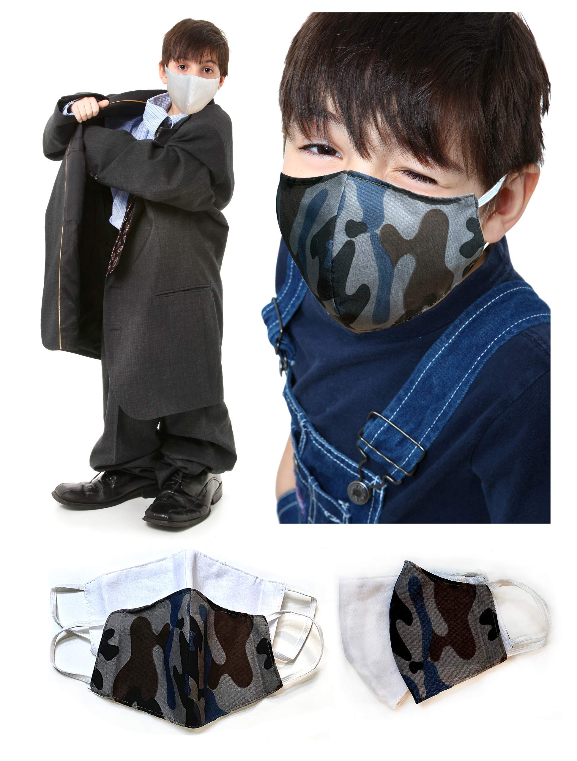 Sunne Tropical Handmade Kids 7-10 YEARS OLD white Face Mask Summer Camp School Day Masks Boys Girls Cotton Facemasks (2 Pack White & Camo)