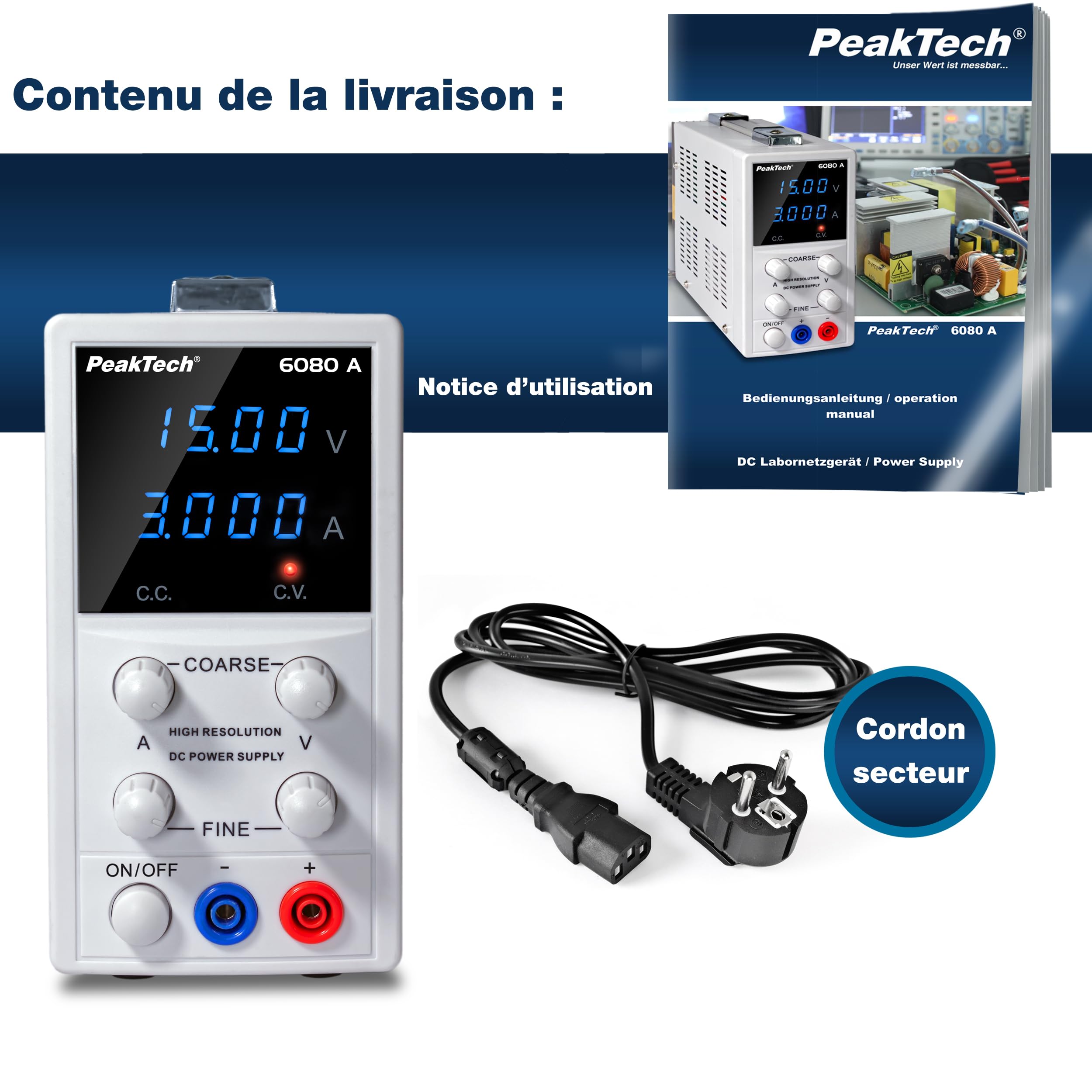 PeakTech 6080 A – Alimentation de laboratoire 0 – 15V / 0 – 3A DC – Alimentation professionnelle haute résolution à régulation linéaire avec affichage LED bleu et protection contre les surtensions