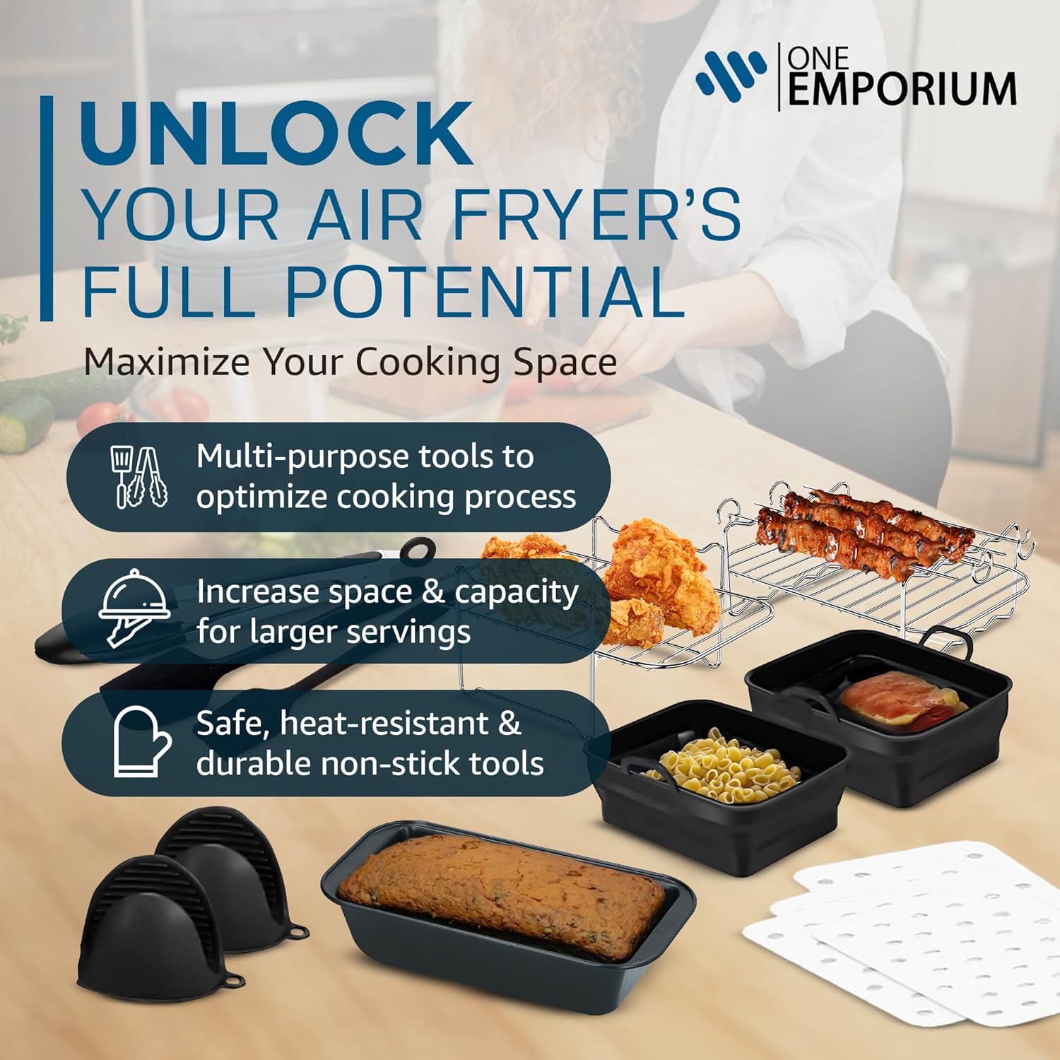 11 PCS Ninja Air Fryer Accessories Set for Dual-Basket Air Fryers, Air Fryer Racks, Silicone Air Fryer Liners Oil Brush, Kitchen Tongs, Coating Pan, Paper Liners, Silicone Gloves - Complete Gift Set 3 81KYp6OwP9L. AC SL1500