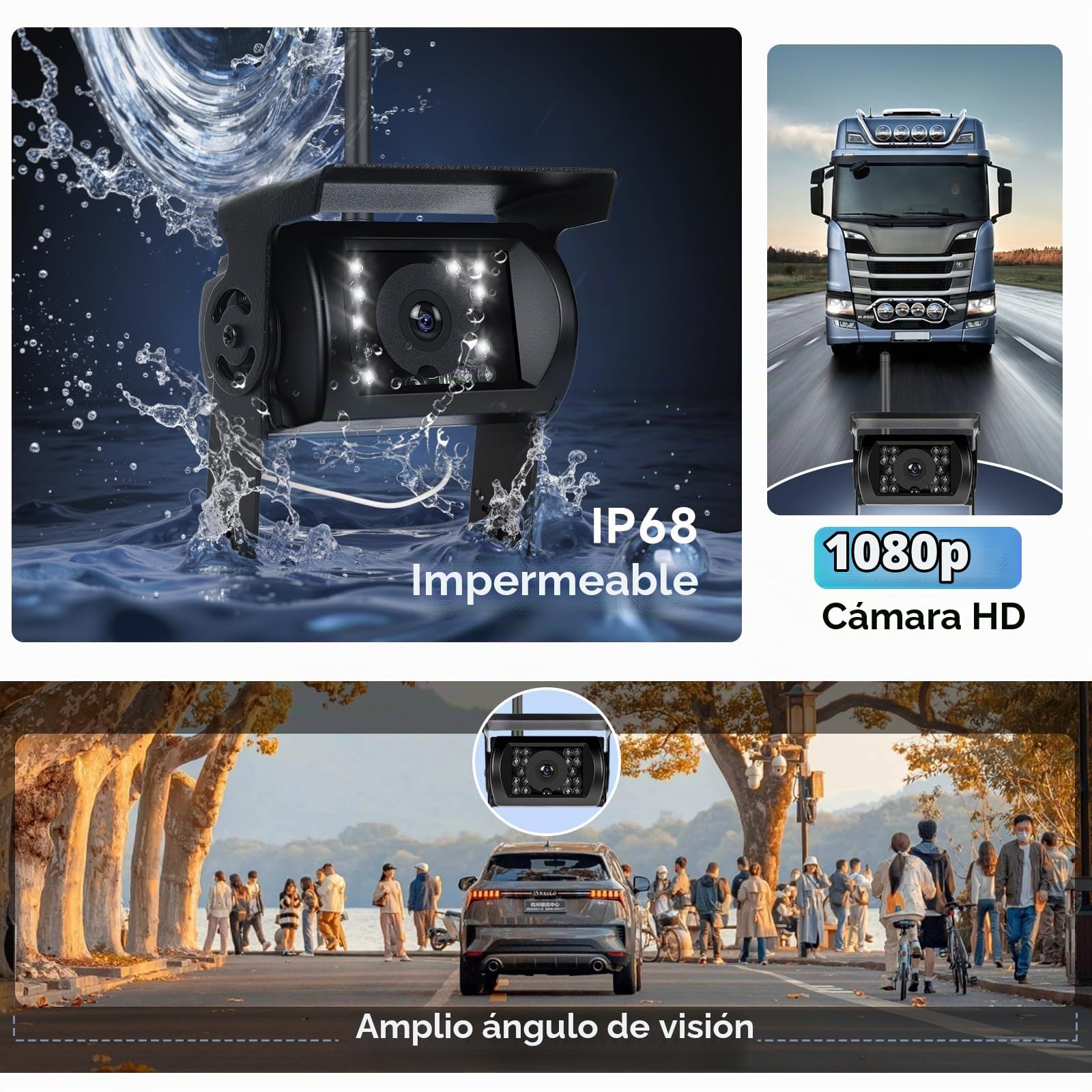 Hodozzy Camara Marcha Atras Digital Inalambrica con Montor IPS de 7 Pulgadas, 2 Camaras, Vigilancia de Estacionamiento, Impermeable IP 68 Visión Nocturna, Camara Trasera para Camiones/Remolques