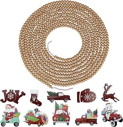 Guirnalda de cuentas de madera de Navidad de 19 pies, guirnalda de cuentas de madera redonda de oro brillante con 10 piezas para colgar manualidades