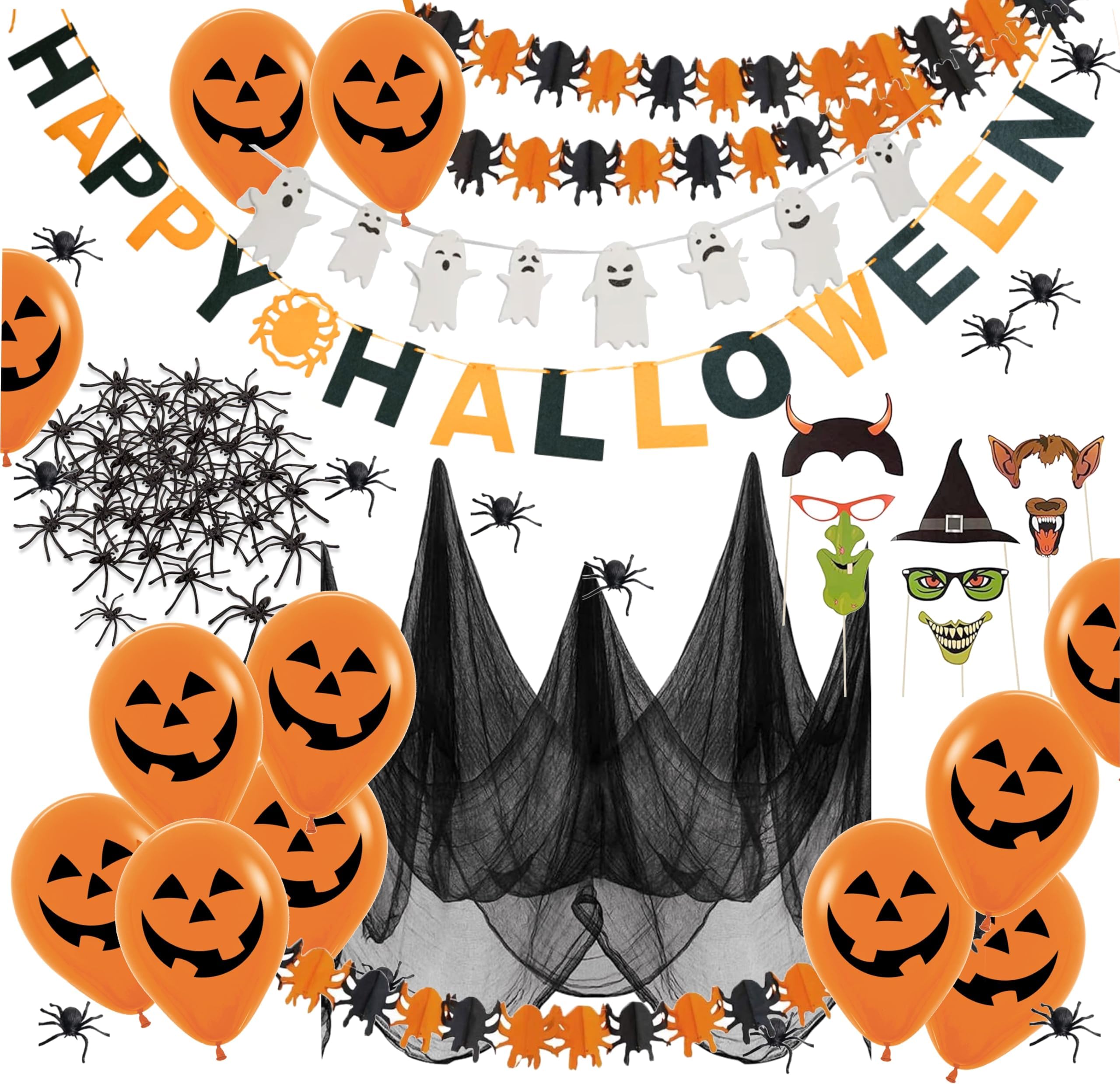 XXL Halloween Deko Set - Mit Stofftuch, Girlande, Spinnennetz & Fledermäusen