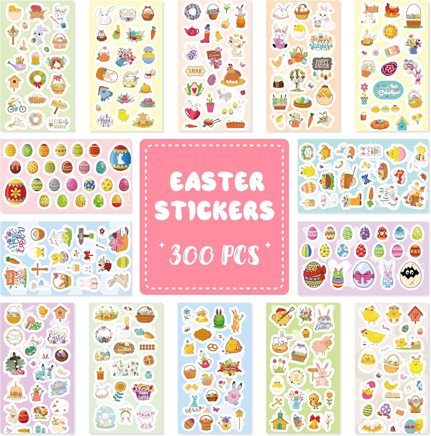 AUXHCYL Easter Stickers for Kids - Over 300 Happy Easter Bunny Stickers for Party Bag Fillers, Self Adhesive Sticker for Scrapbooking, Crafts, Decorating Cards Gifts - Rabbit Egg Chick Sticker