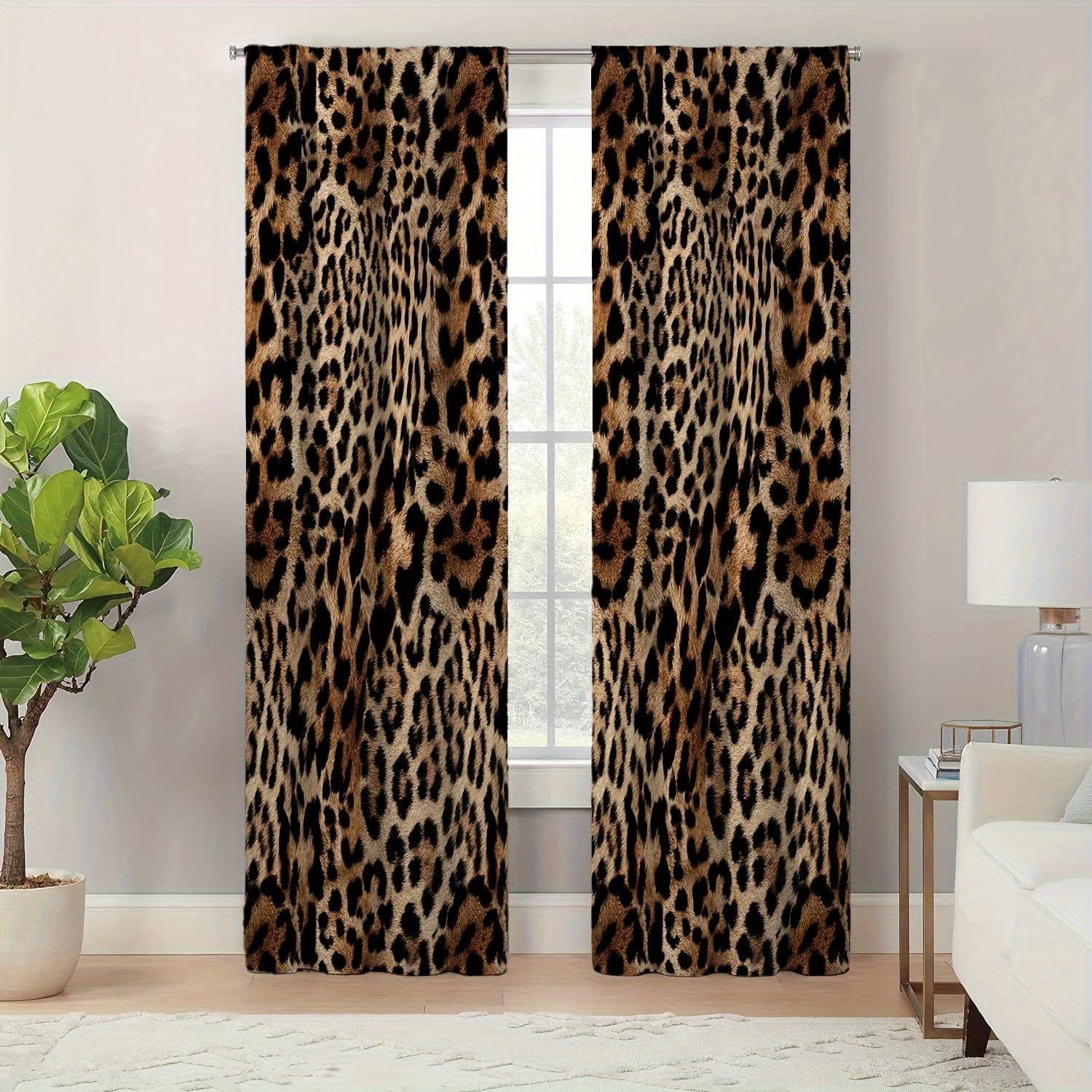 SMXVRC Leopard Curtains for Bedroom, W55 x L63 x 2 Panels, Brown Animal Fur Eyelet Curtain, 3D Print No Fading Full Light Blocking Thermal Insulated Grommet Drapes for Children's Room Living Room