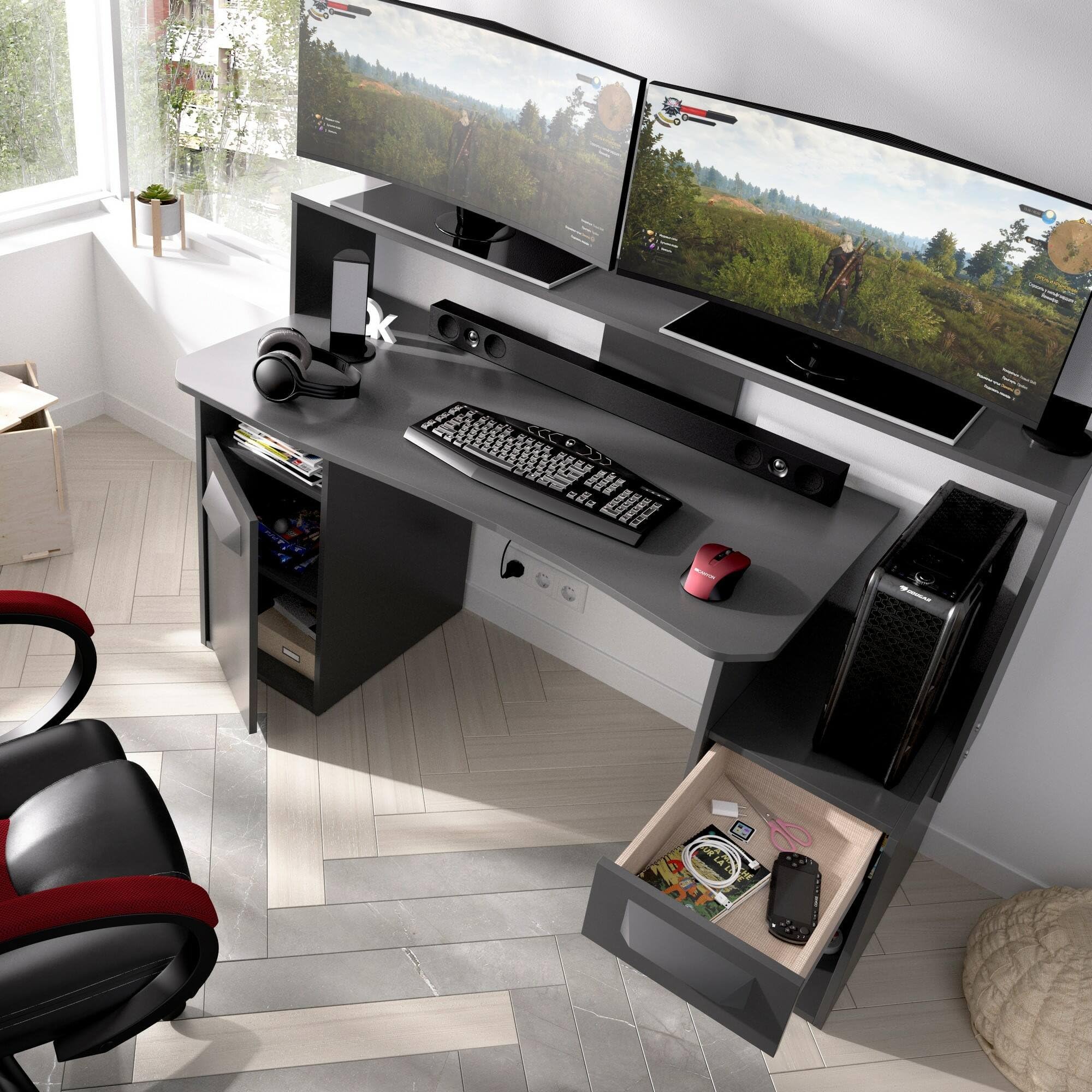 Dmora - Scrivania Manos, Scrittoio multifunzione moderno da gaming, Tavolo da studio porta PC e porta CD, 154x69h98 cm, Antracite, senza luci LED