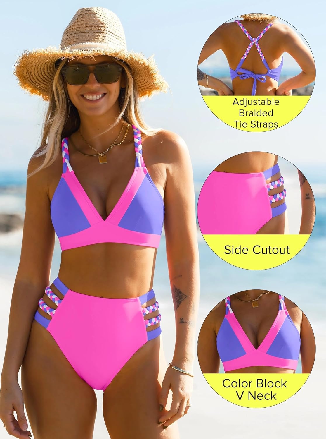 popvil High Waisted Bikini Sets for Women Neon Two Piece Swimsuits Color Block Hollow Out Bathing Suit