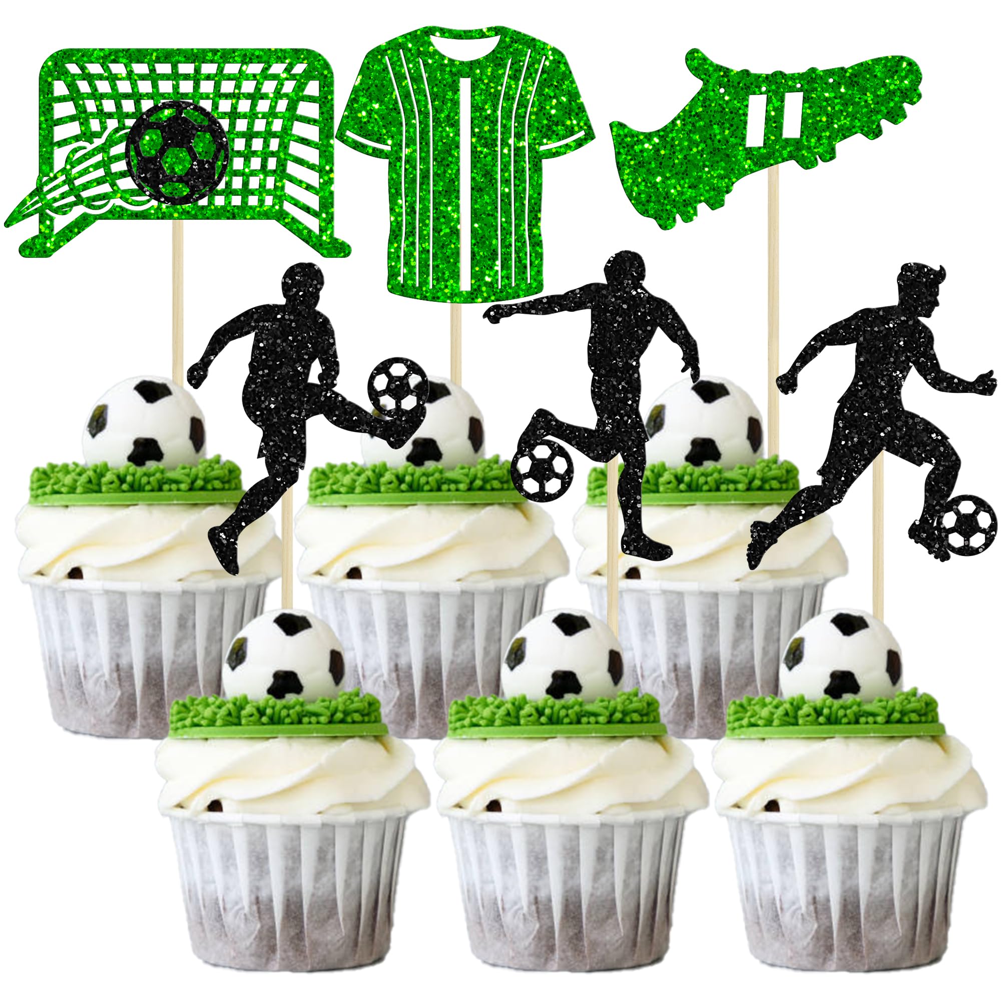 Gyufise 24Pcs Soccer Cupcake Toppers Glitter Soccer Ball Cupcake Picks Sport Cake Decorations Football Theme Birthday Party Baby Shower Kids Boys Men Birthday Party Favors Supplies Green