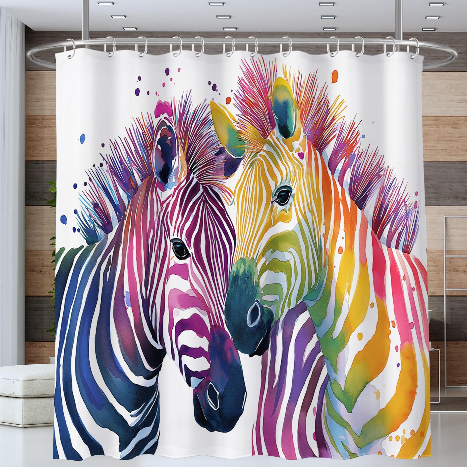 Rideau De Douche Zèbre Peint Animaux À L'Aquarelle Tissu Imperméable Lavable avec Crochets Anti Moisissure en Polyester Rideau Douche pour Salle De Bain