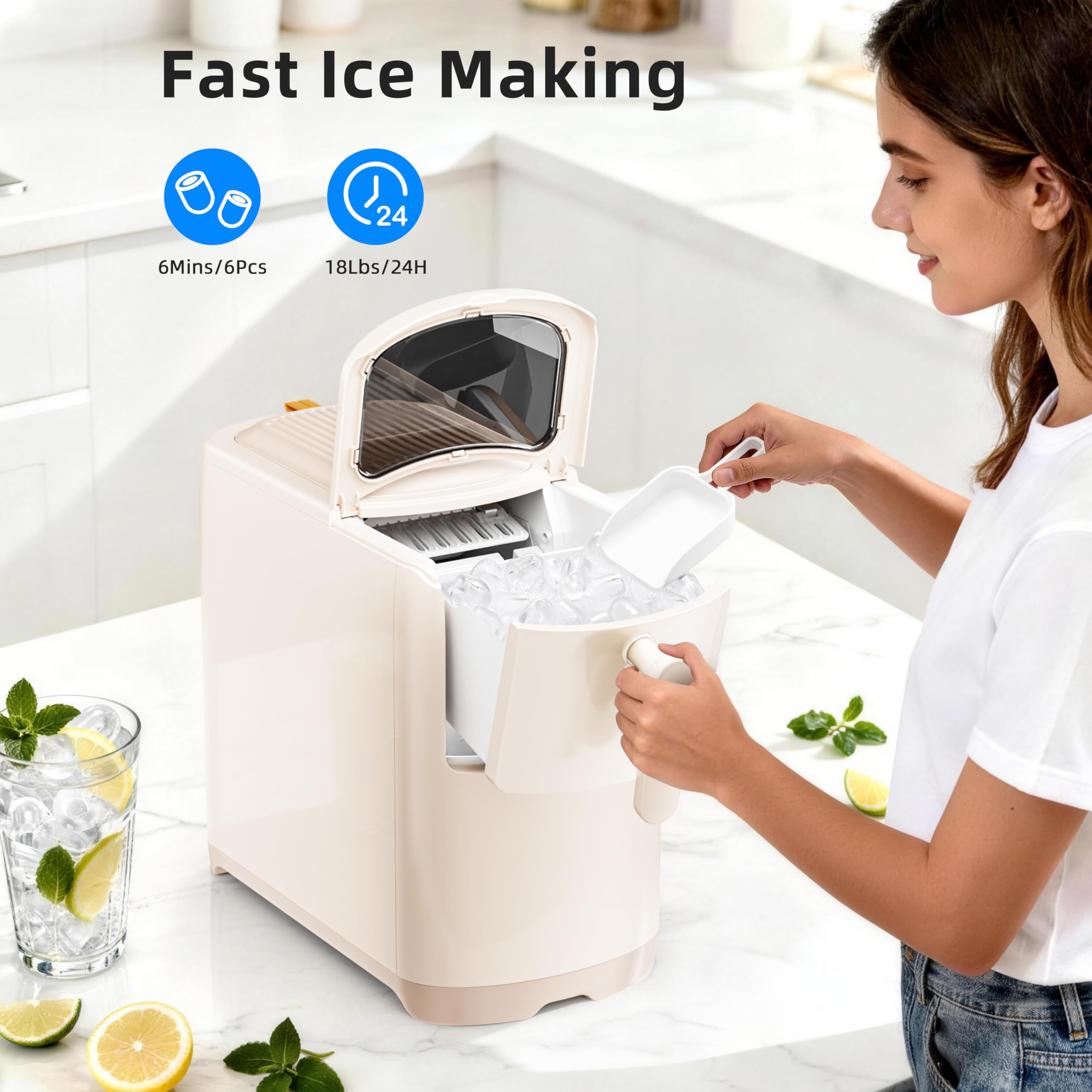 Antarctic Star Portable Countertop Ice Maker With Self-Cleaning, 18lbs/24h, One-Touch Operation, Ice Scoop For Home, Kitchen, Office(White) on Fridge.com - View 2