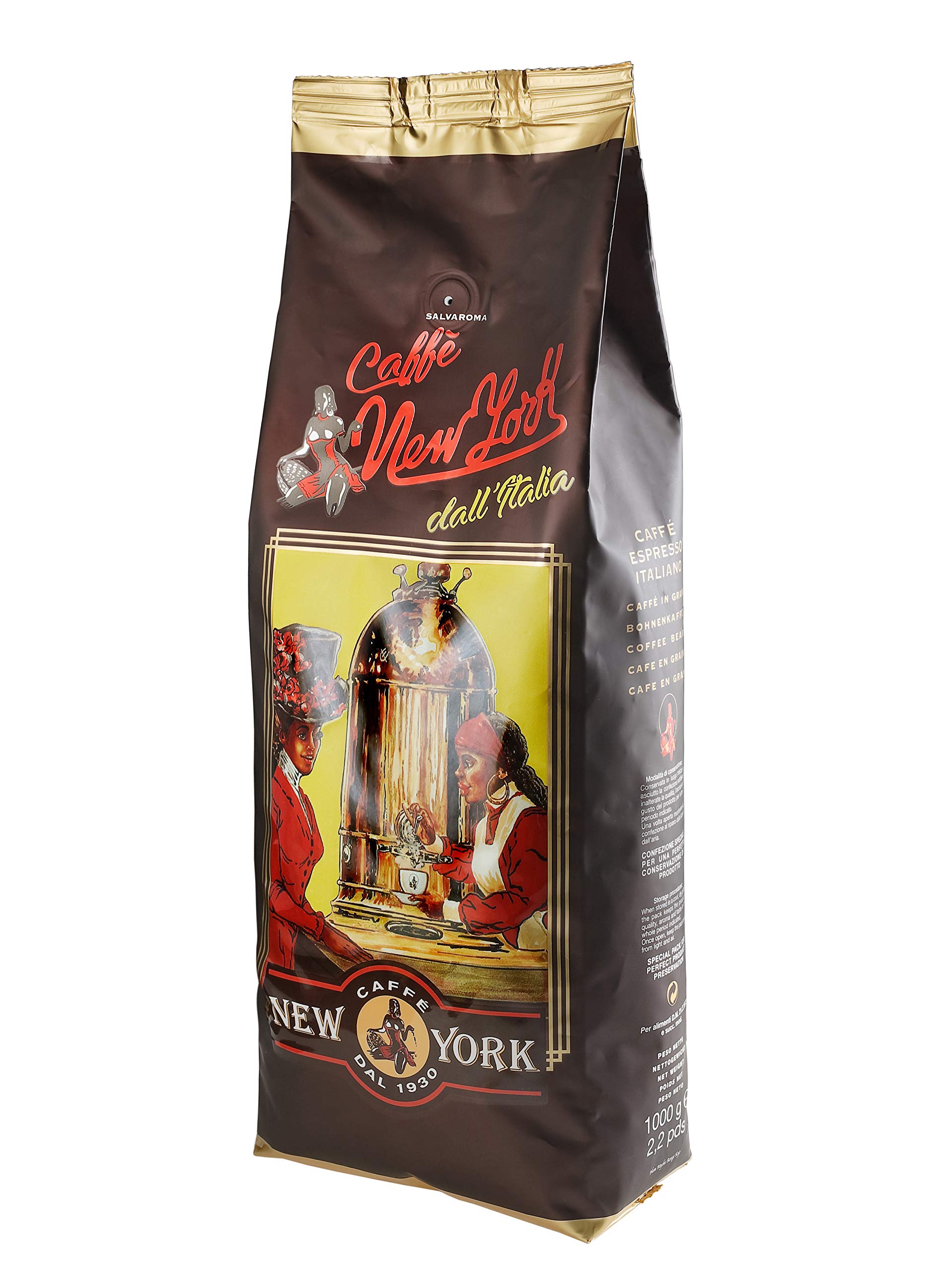 Café New York - EXTRA P - Café en grano, sabor fuerte e intenso, Arábica y Robusta en grano, para moler, café espresso italiano, mezcla para bares - desde 1930-1 kg, en grano