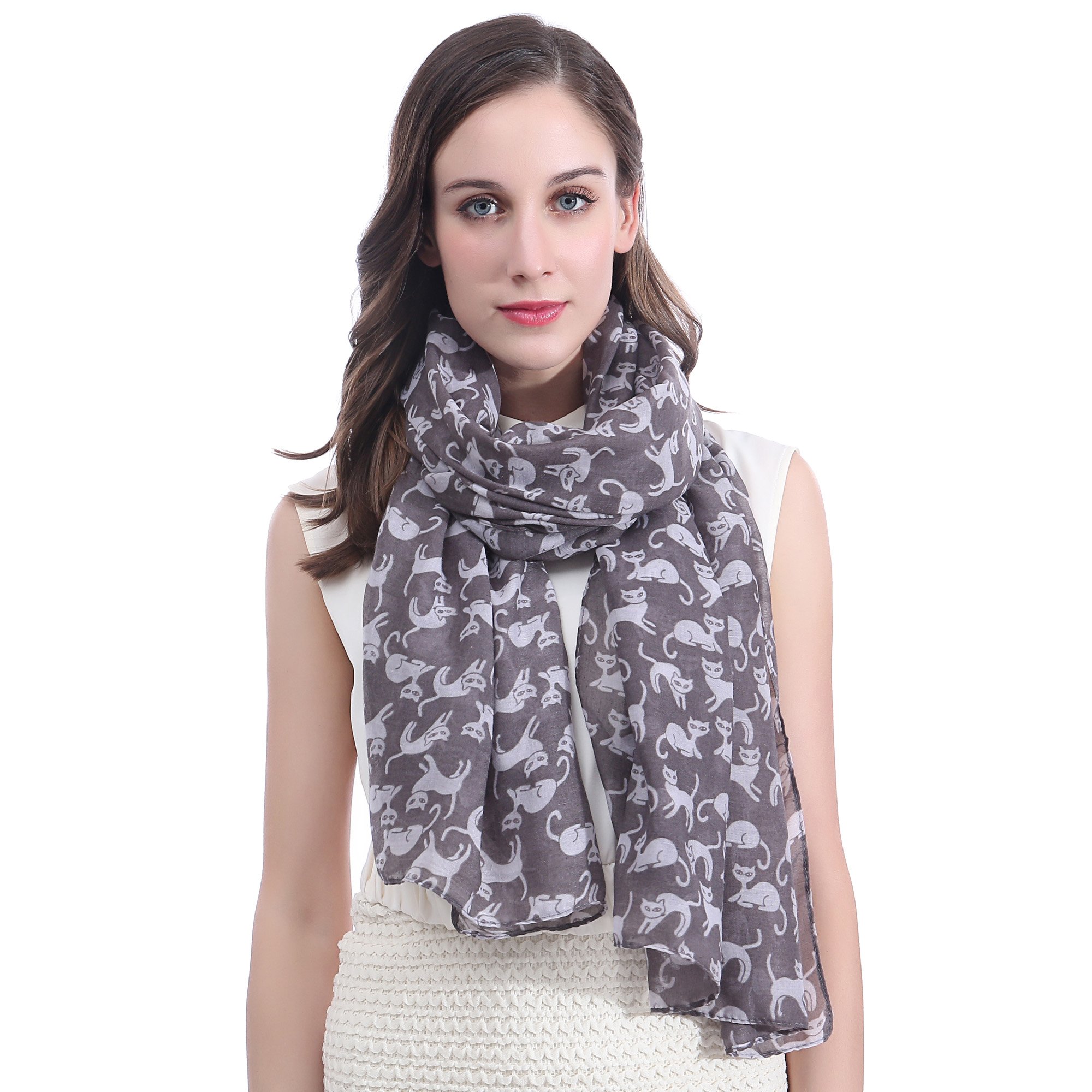 Lina & Lily Cat Print Women's Scarf Shawl Wrap Lightweight (Grey)