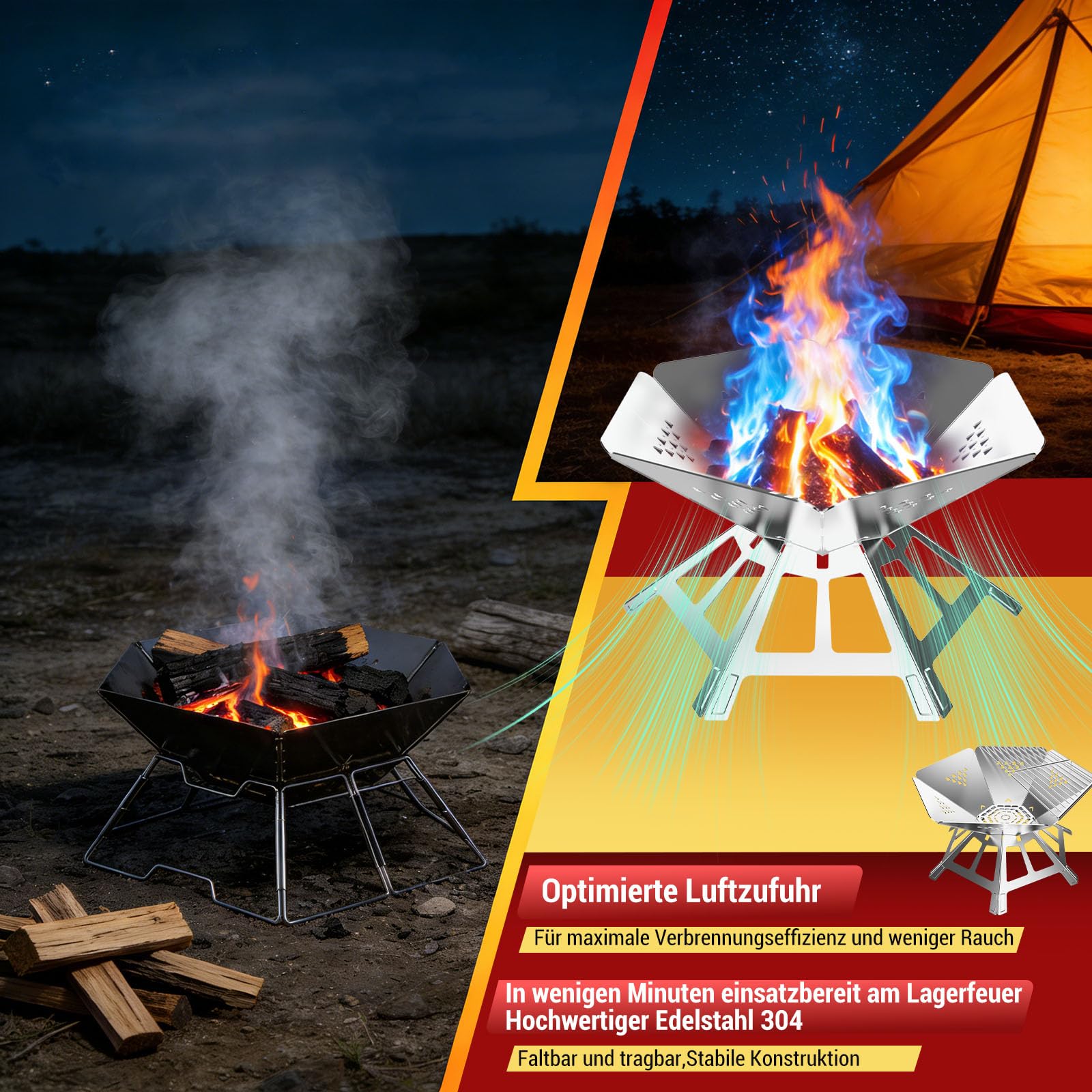 Tragbare Feuerstelle Edelstahl füR Outdoor Den Garten Camping,Dreibein füR Feuerschale Faltbar Mit Grill Grillrost,Camping Feuerschale füR Mit Grillplatte Schaschlikgrill Picknick,Grill AktivitäTen
