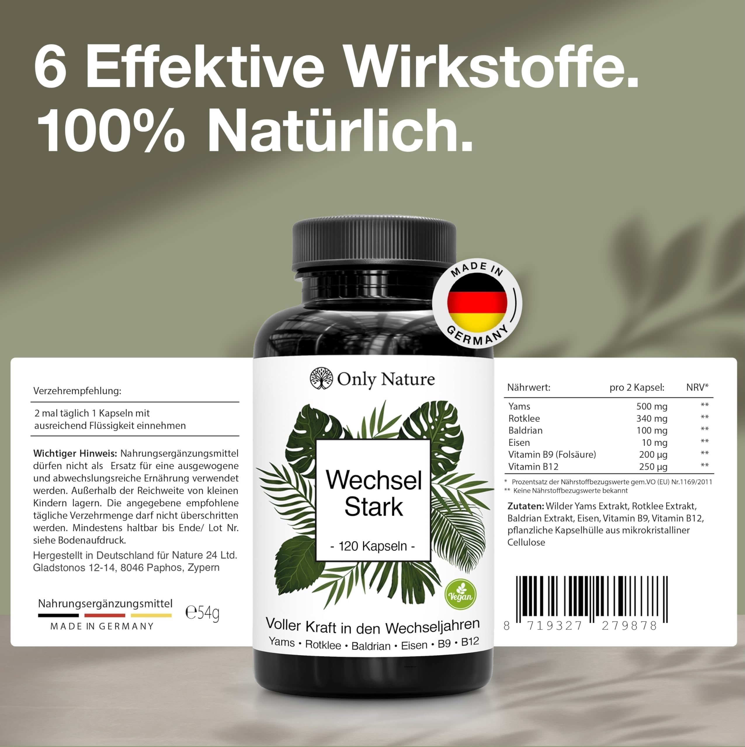 NEU: Wechseljahre Kapseln - 120 St. – Menopause – Mit Yams, Rotklee, Baldrian, Eisen, Vitamin B9 und B12 – in Deutschland produziert, Laborgeprüft & 100% Vegan