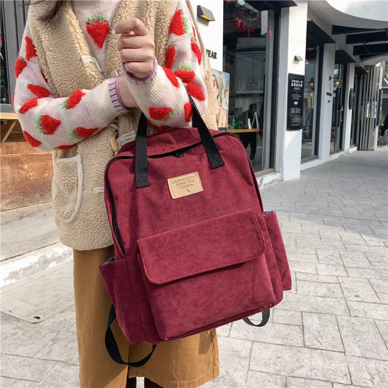 Niedliche Damen Cord Rucksack weibliche einfarbig gestreifte Schultasche College Student Rucksack Mädchen Reisetasche Handtasche