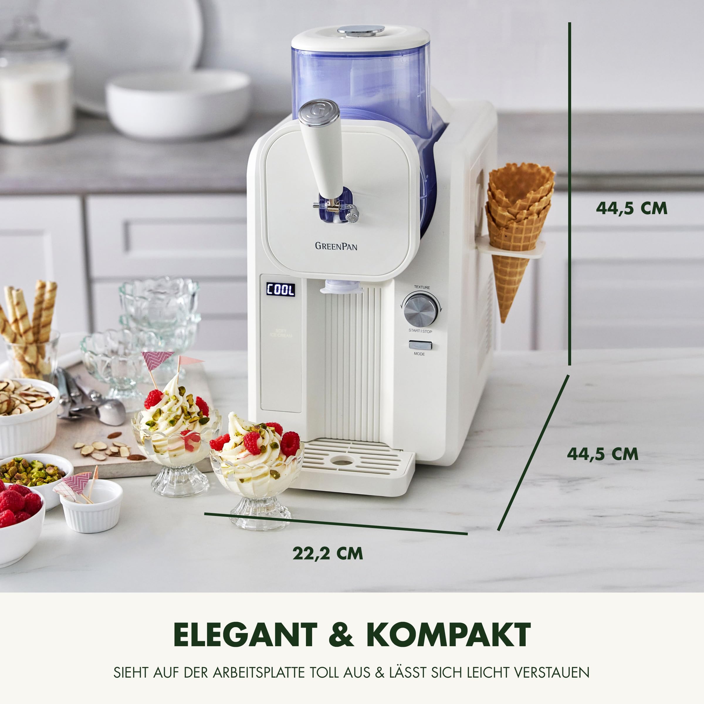 GreenPan Frost Eismaschine & Slushie-Maschine, Softeis, Sorbet, Margaritas, Milchshakes, Gefrorener Joghurt, Kein Vorfrieren, Fertig in 15 Minuten, 6 Modi,7 Texturen,Selbstreinigend,Familiengröße,Weiß