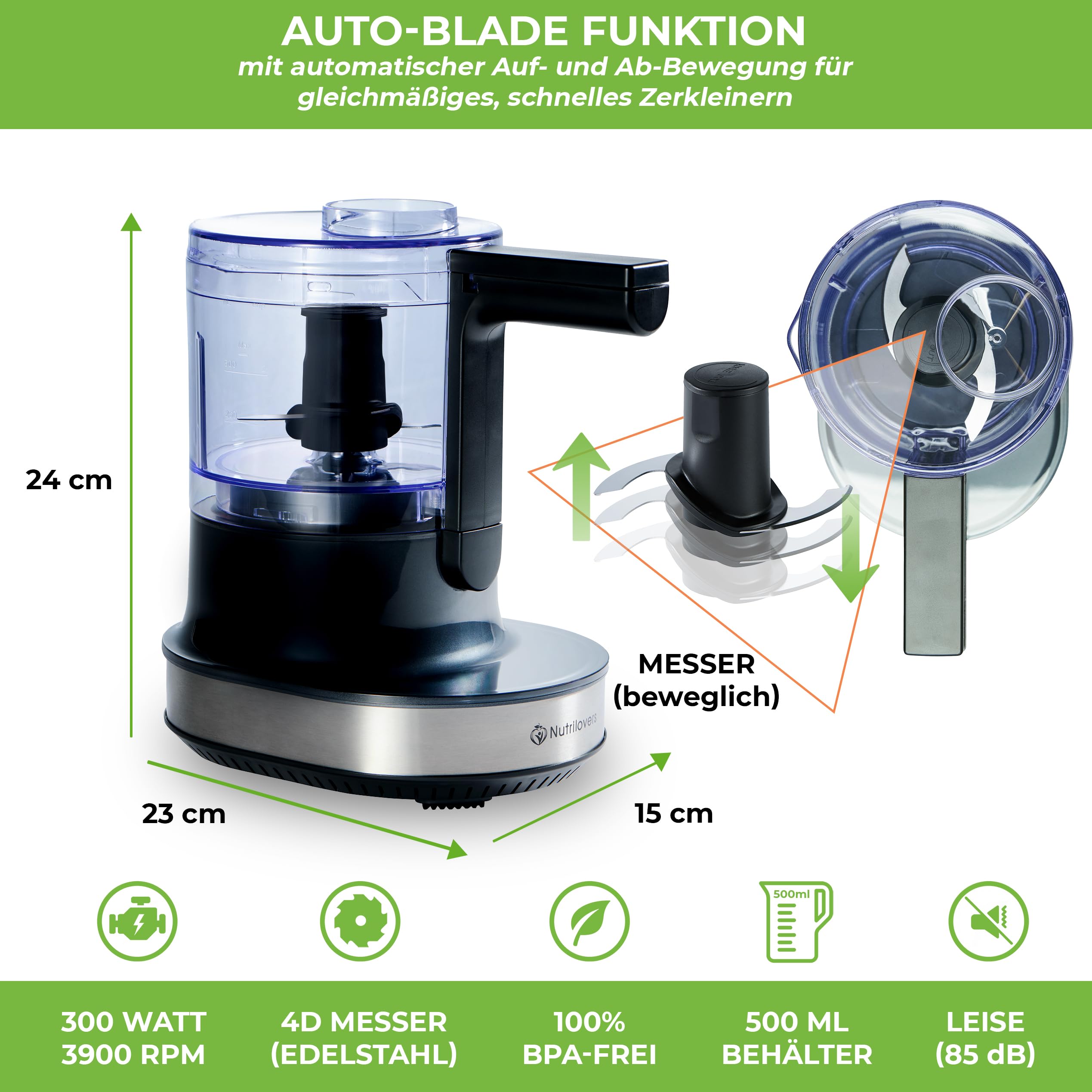 NUTRI-CHOPPER 4D tritatutto elettrico con funzione AUTO-BLADE – senza BPA – marchio tedesco – Food Processor trituratore universale per cipolla carne, noci, pesto