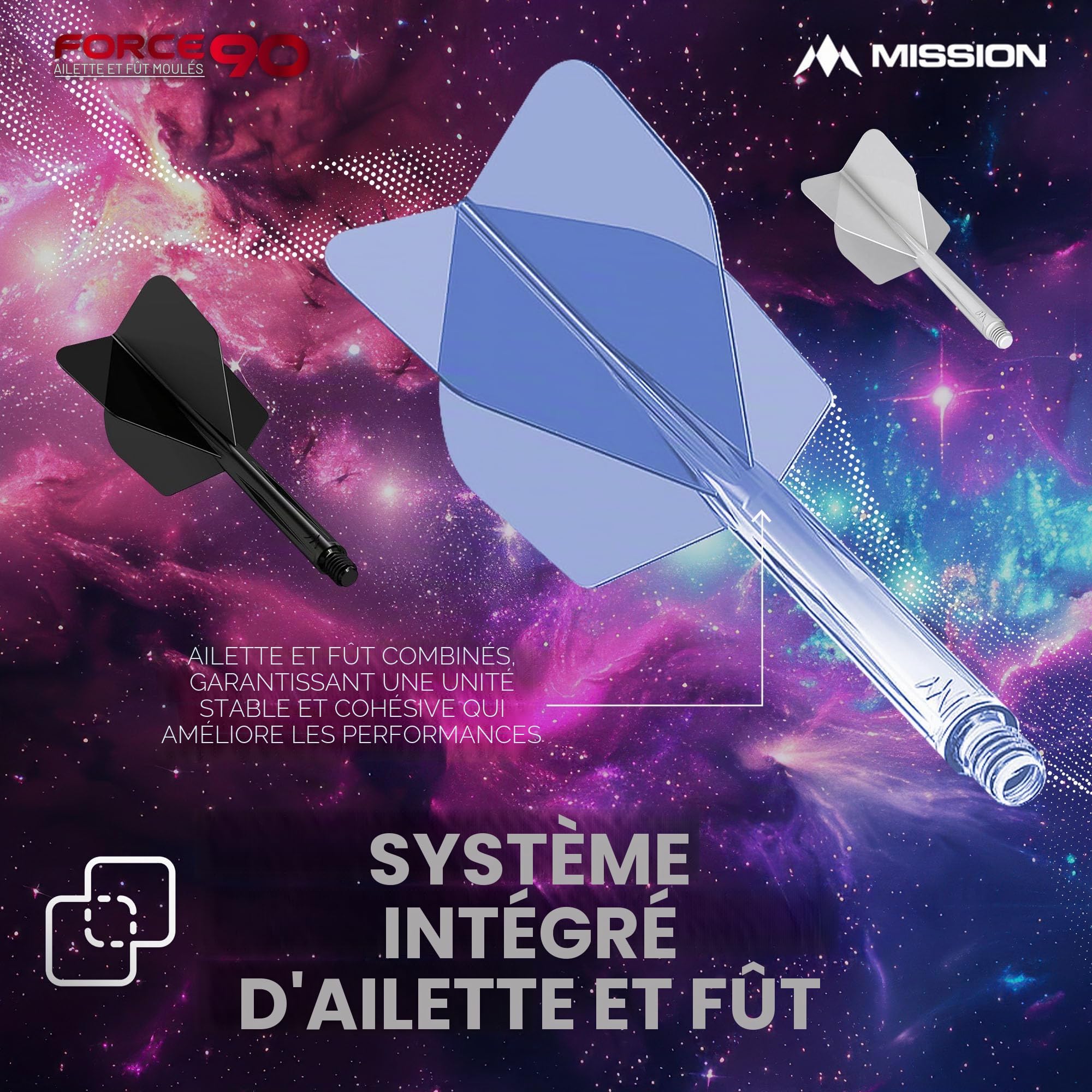 Mission Darts Force 90 | Ailettes et tiges de fléchettes moulées avec précision intégrées, lot de 3 ailettes et tiges professionnelles hautement durables 2 en 1 | Standard n°6