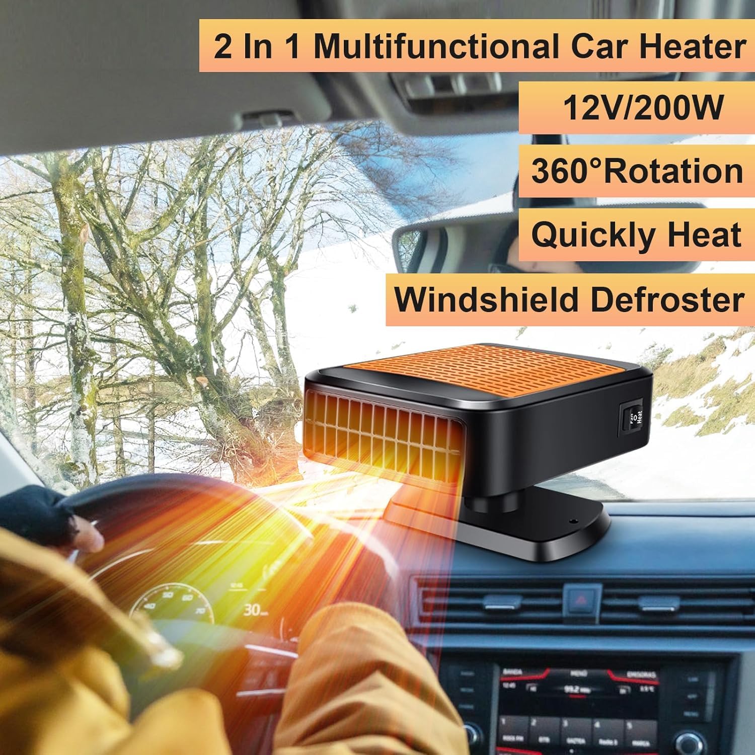Chauffage Voiture 12V 200W – 2 En 1 Chauffage & Ventilateur – Dégivrage Rapide Pare-brise – Rotation 360°