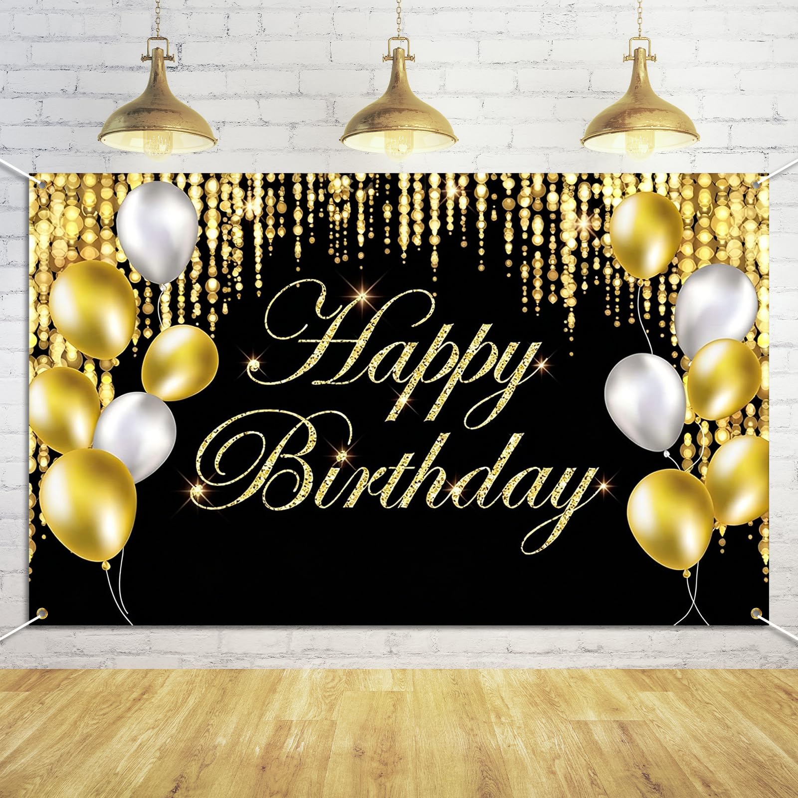 Happy Birthday Banner, Birthday Backdrop 180x110cm, Sign Poster Photo Background Banners for Party Anniversary Decorations (Black Gold)