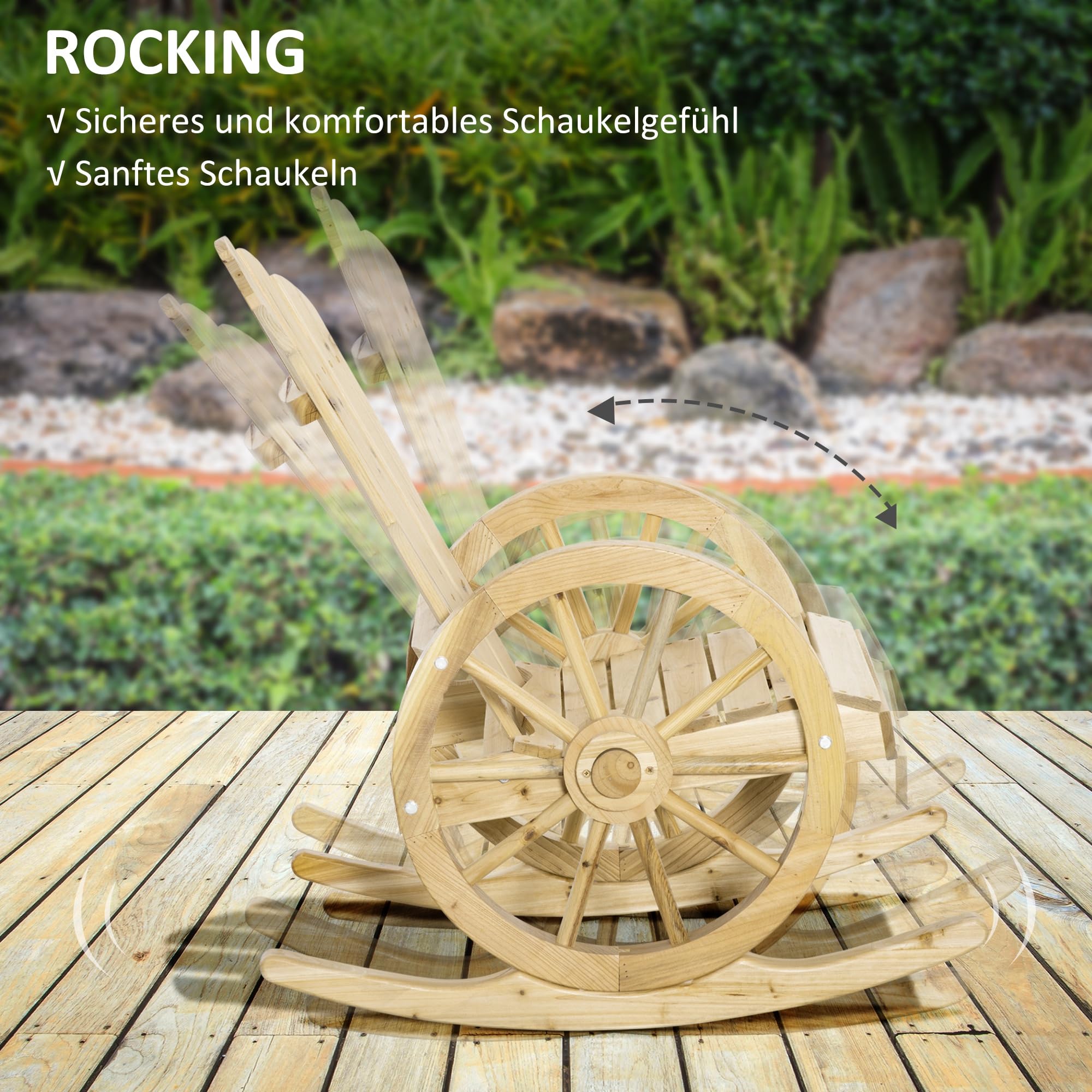 Outsunny Schaukelstuhl, Schwingsessel, Gartenstuhl mit Rollen-Design, Rustikaler Relaxstuhl, Naturholz, Massivholz, 68 x 88 x 92 cm