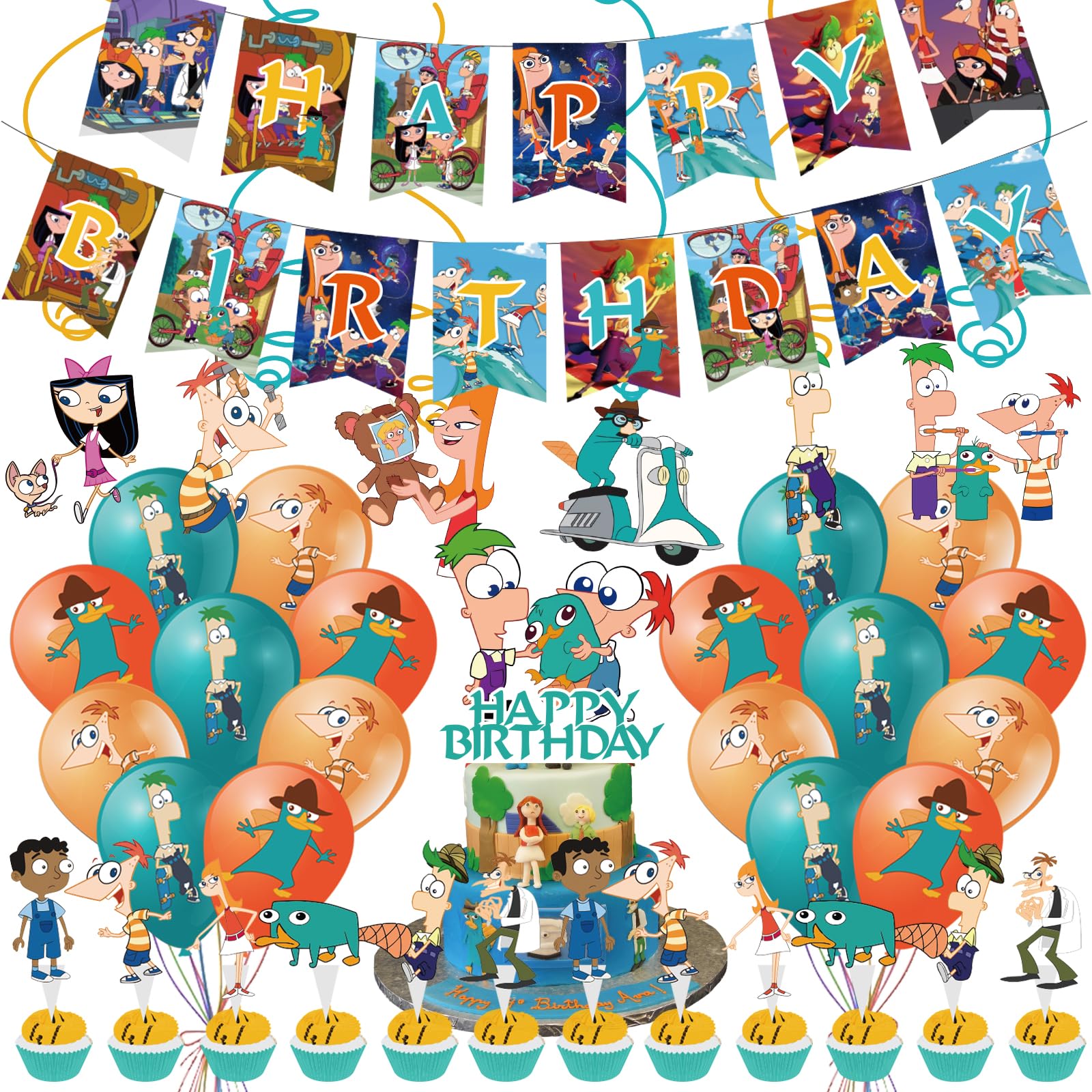 Birthday Party Decoration for Phineas Ferb, Include Cartoon Theme Birthday Banner, Cake Topper, Latex Balloons, Hanging Swirls, for Kids Birthday Party Supplies