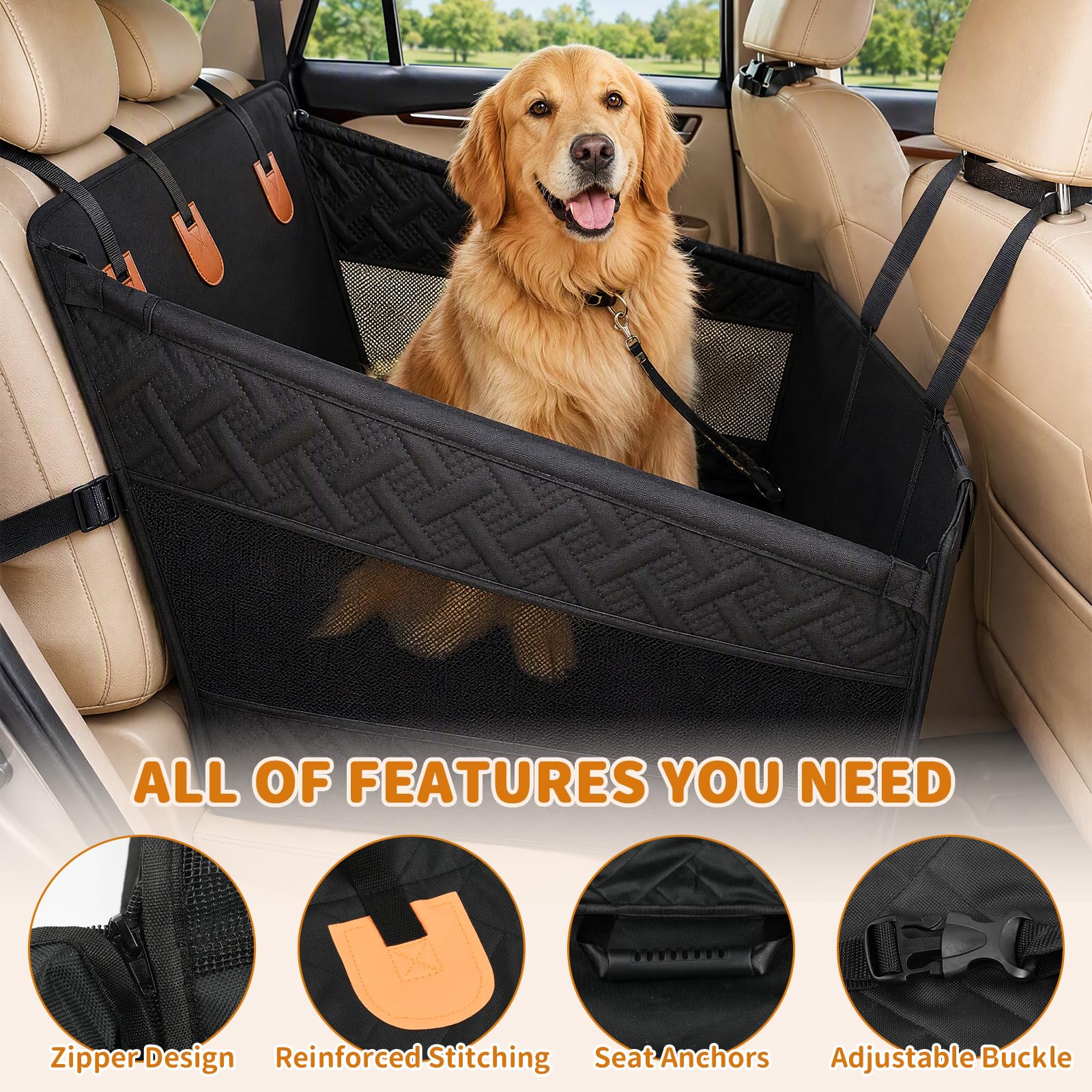 Siège Auto Chien, Siège Voiture Chien, Panier Voiture Chien – Extra Stable avec Fond Rigide Renforcé, Ceinture de Sécurité, Imperméable Oxford, pour Chiens Moyens et Grands Jusqu’à 50KG