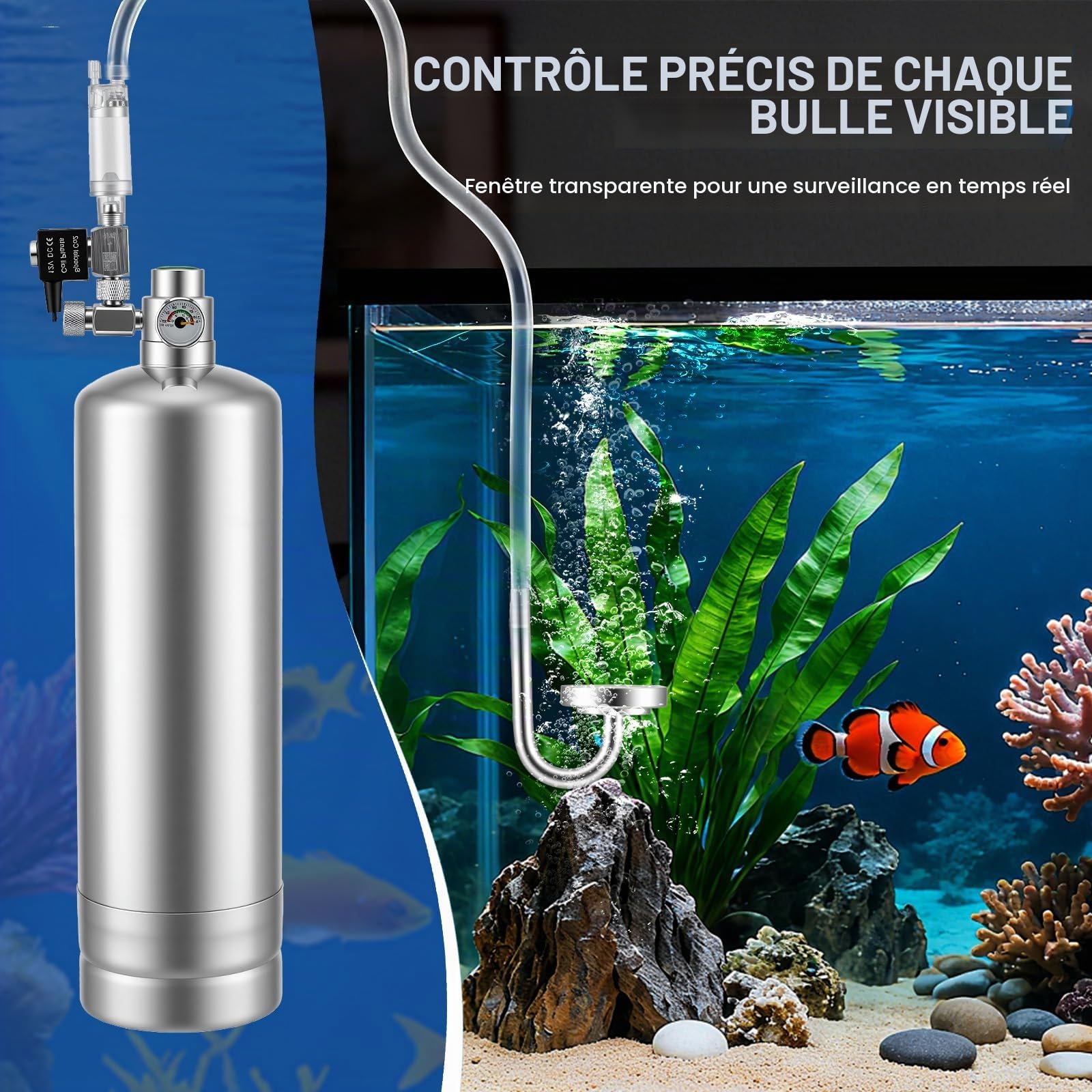 Système de CO2 pour aquarium - Kit complet de réacteur de dioxyde de carbone avec électrovanne - Diffuseur - Compteur de bulles visuel - Système de CO2 - Pour aquarium, plantes