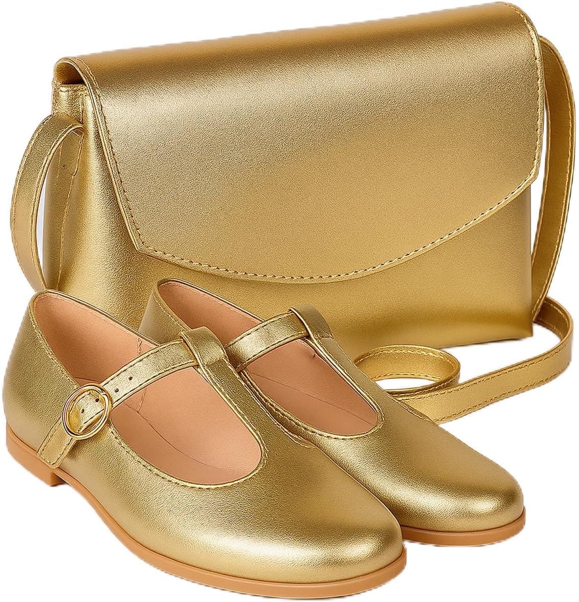 Sapatilha Infantil Mary Jane Prata com Fivela Dourada e Bolsa Transversal Branca