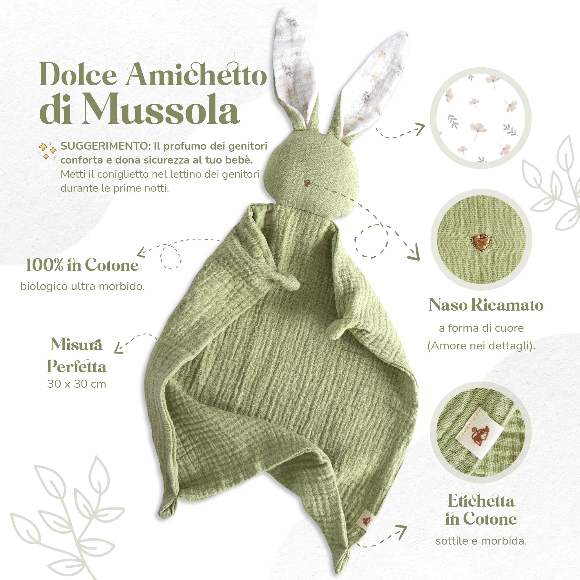 Mikito - Copertina per Neonato Doudou 30x30cm in Cotone Organico - Mussola in Cotone per Neonati - Perfetta per Avvolgere il Tuo Bambino Appena Nato - Regali Originali per Neonati