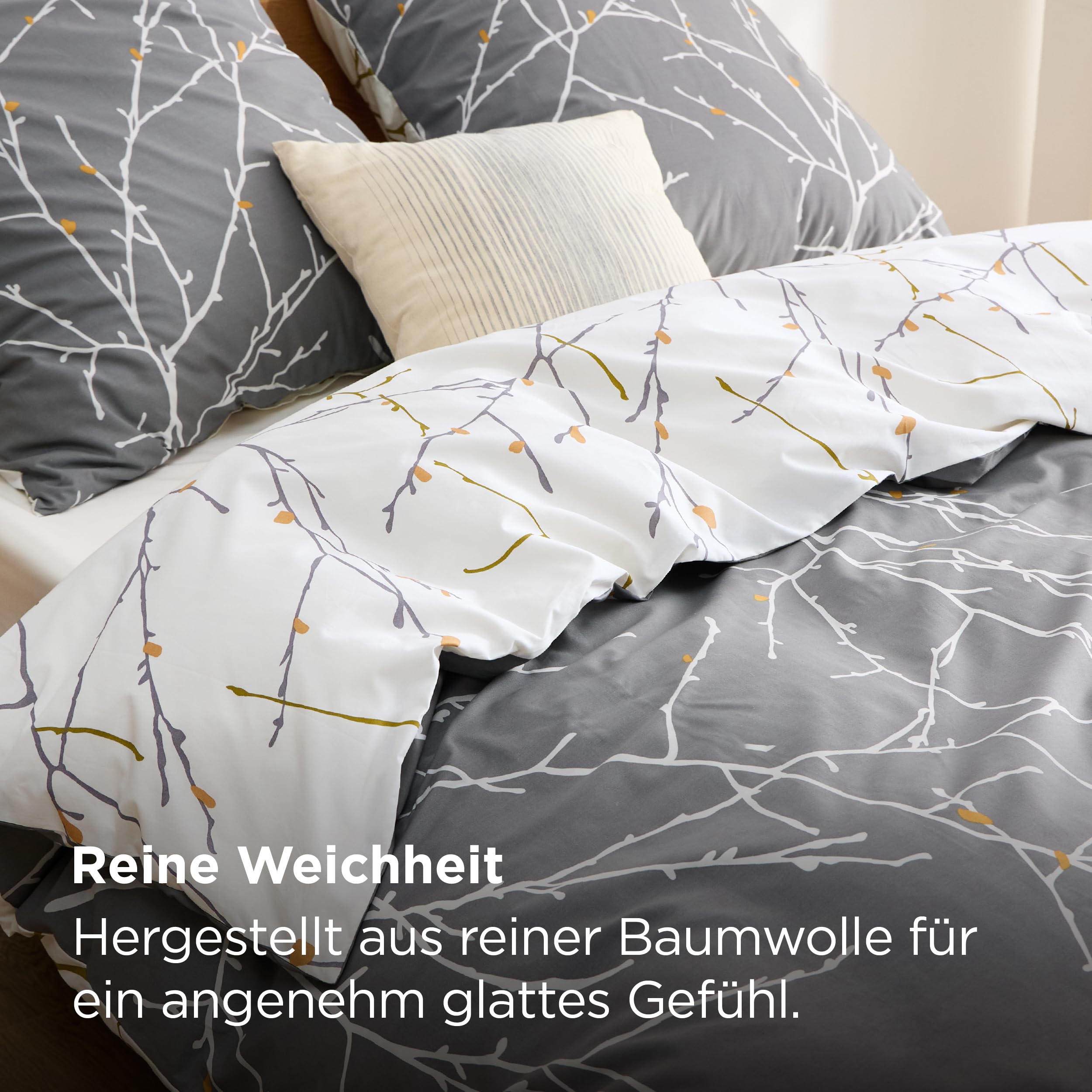 BEDSURE Bettwäsche 135x200 Baumwolle 4teilig - Bettwäsche-Sets Grau Bettbezug 2er Set mit 2 Kissenbezüge 80x80 cm, ÖKO-TEX Wendebettwäsche Bedding Zweige Muster mit Reißverschluss