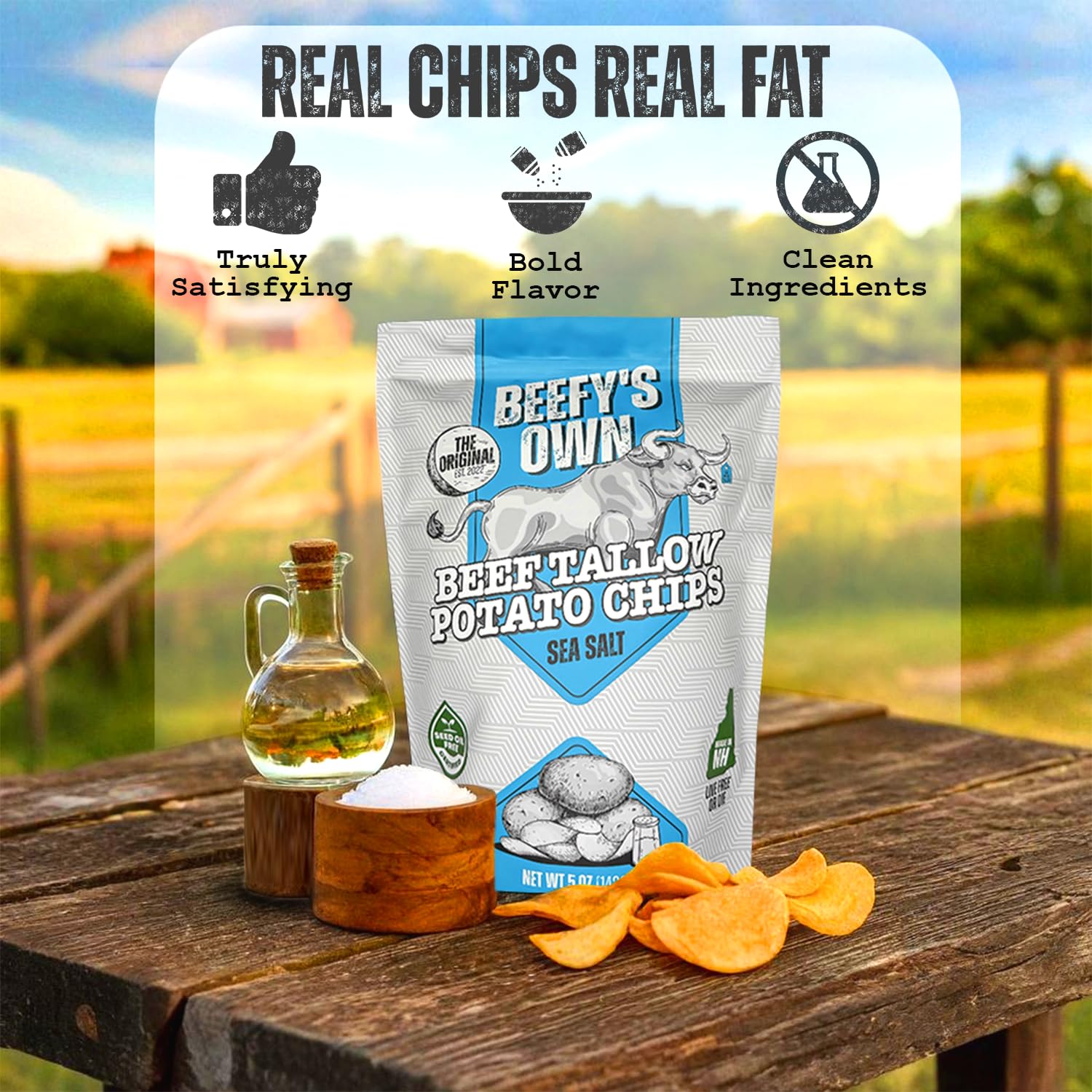 Beefy's Own - Beef Tallow Chips | Gluten Free Potato Chips | Made with Non-GMO Potatoes & Beef Tallow | Seed Oil Free | Crispy & Clean Snack | Great On-the-Go Snack | 5 oz | Sea Salt
