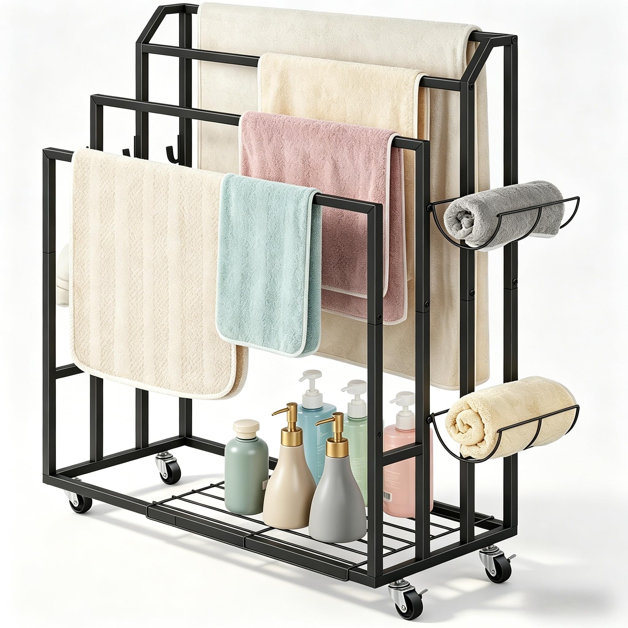 smusei Toallero independiente de 4 niveles, toallero con ruedas, estantes y 6 ganchos de metal para baño, piscina, color negro