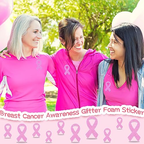 Miniatura 7 de JULBEAR Adhesivo de espuma para concientización sobre el cáncer de mama, 300 calcomanías de espuma autoadhesivas con purpurina de cinta rosa para