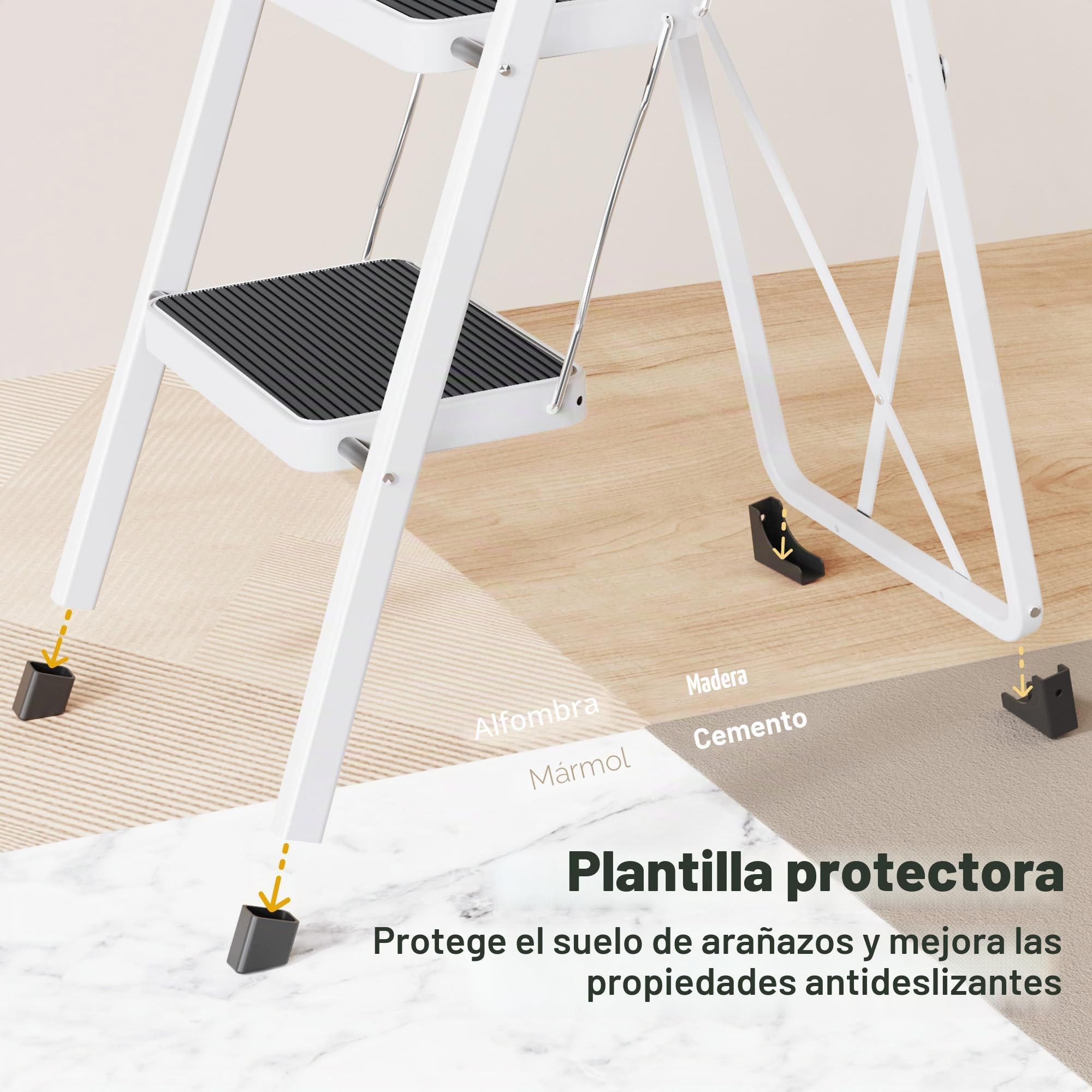 HBTower Escalera 2 Peldaños Plegable – Acero Resistente, Antideslizante, 4,5 cm de Grosor, Carga 150 kg, Sin Montaje – para Cocina, Garaje, Oficina