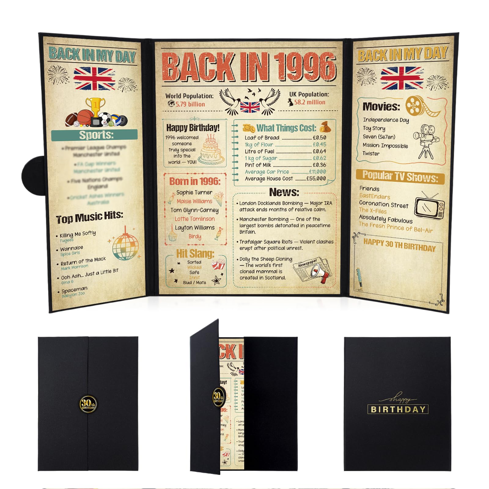 Eiapadeor 30th Birthday Gifts for Men Women - Large Back in 1996 Folded Birthday Card for Men Women Vintage Black Happy 30 Year Old Decorations for Dad Mum Husband Wife