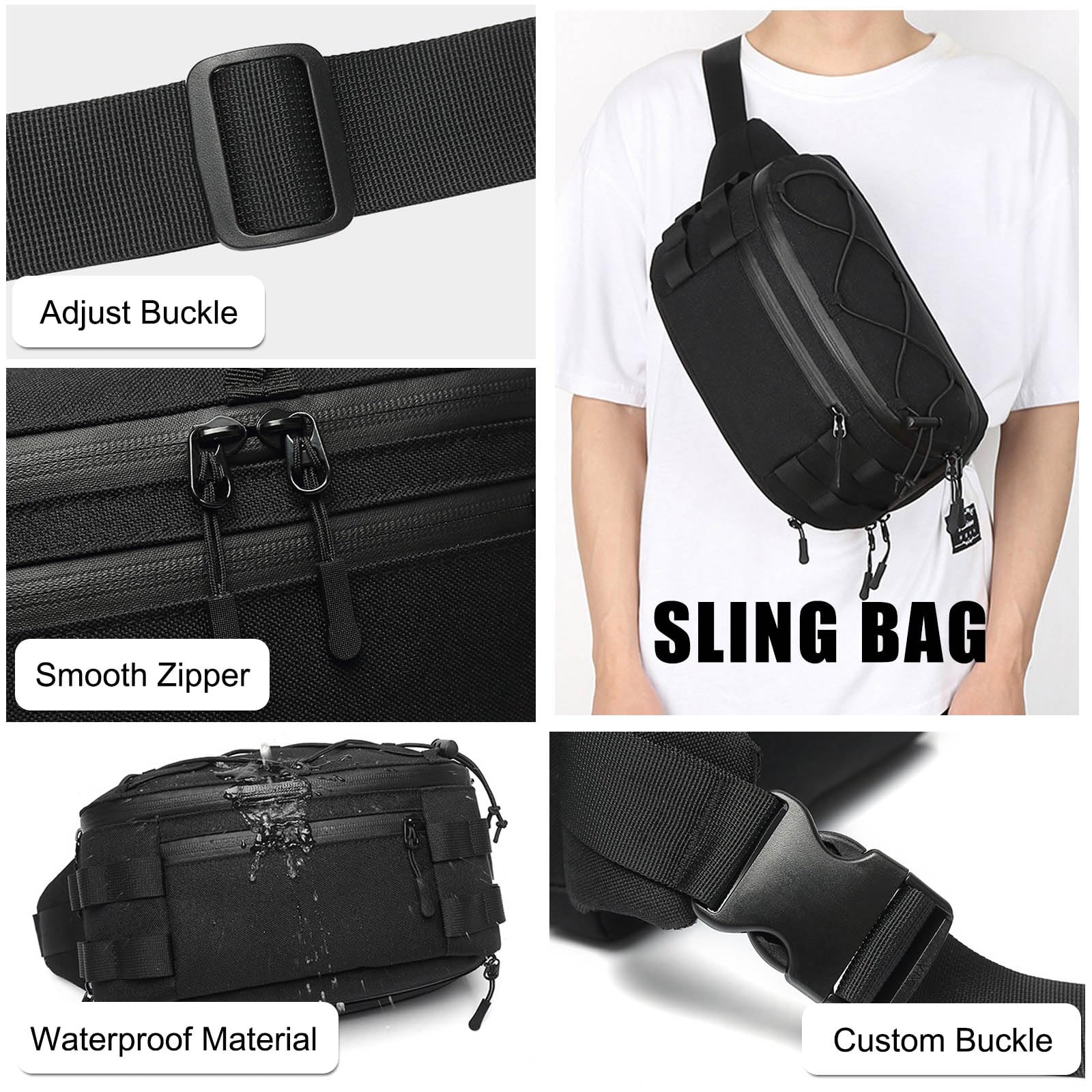 FANDARE Ultraléger Sac Poitrine Homme Sacs Bananes de randonnée Sacoche Sac à Bandoulière Sacs Banane Running Sac Banane pour Homme Sacs à Dos porté Travers Sac d'Epaule Moto Sling Bag Noir