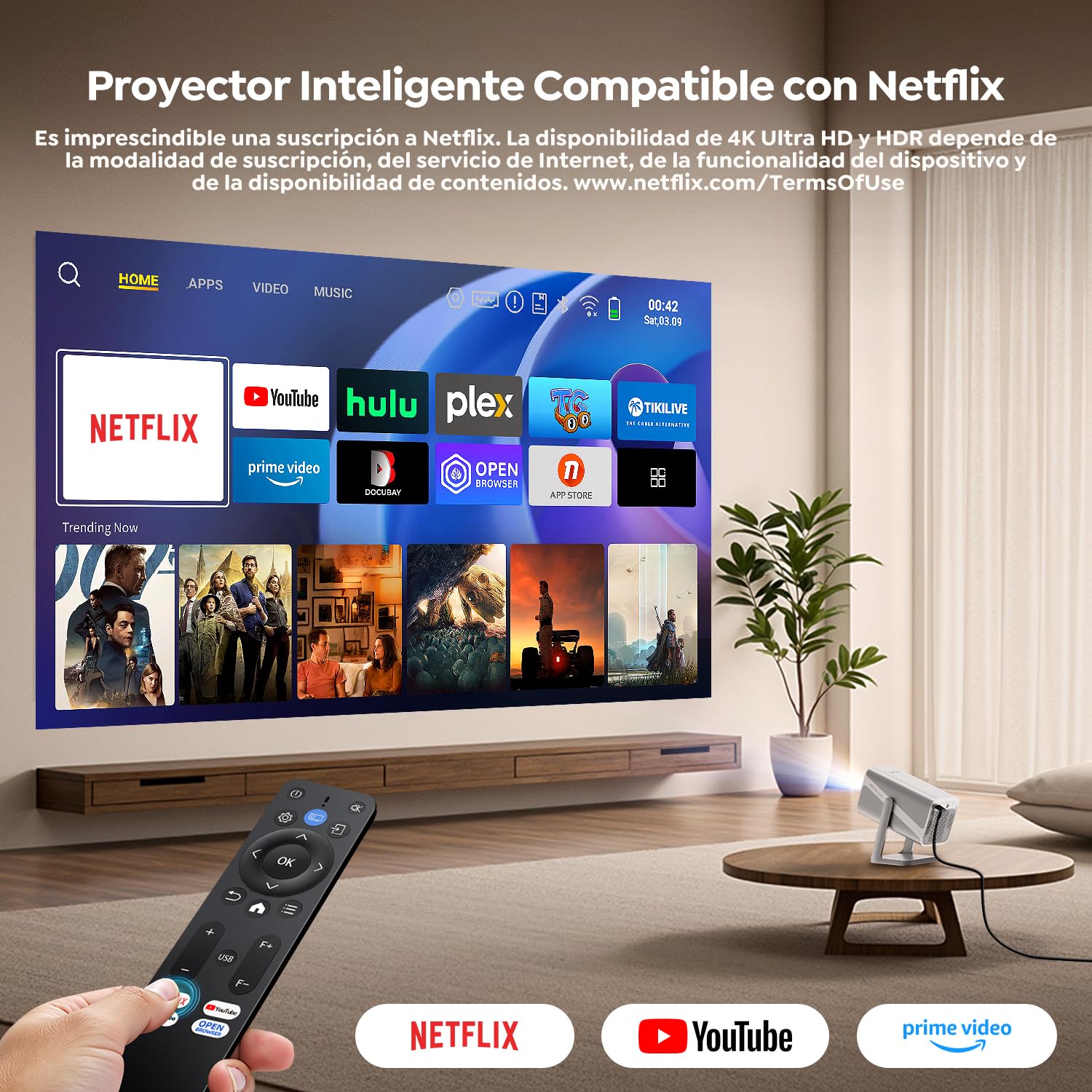 Proyector【Compatible con Netflix/Apps Integrada/Dolby】 Smart Proyector 4K 700ANSI Auto Enfoque/Keystone Tiro Corto, ProyectorPortátil 1080P Giratorio 360° WiFi6 Bluetooth5.2 para Cine en Casa