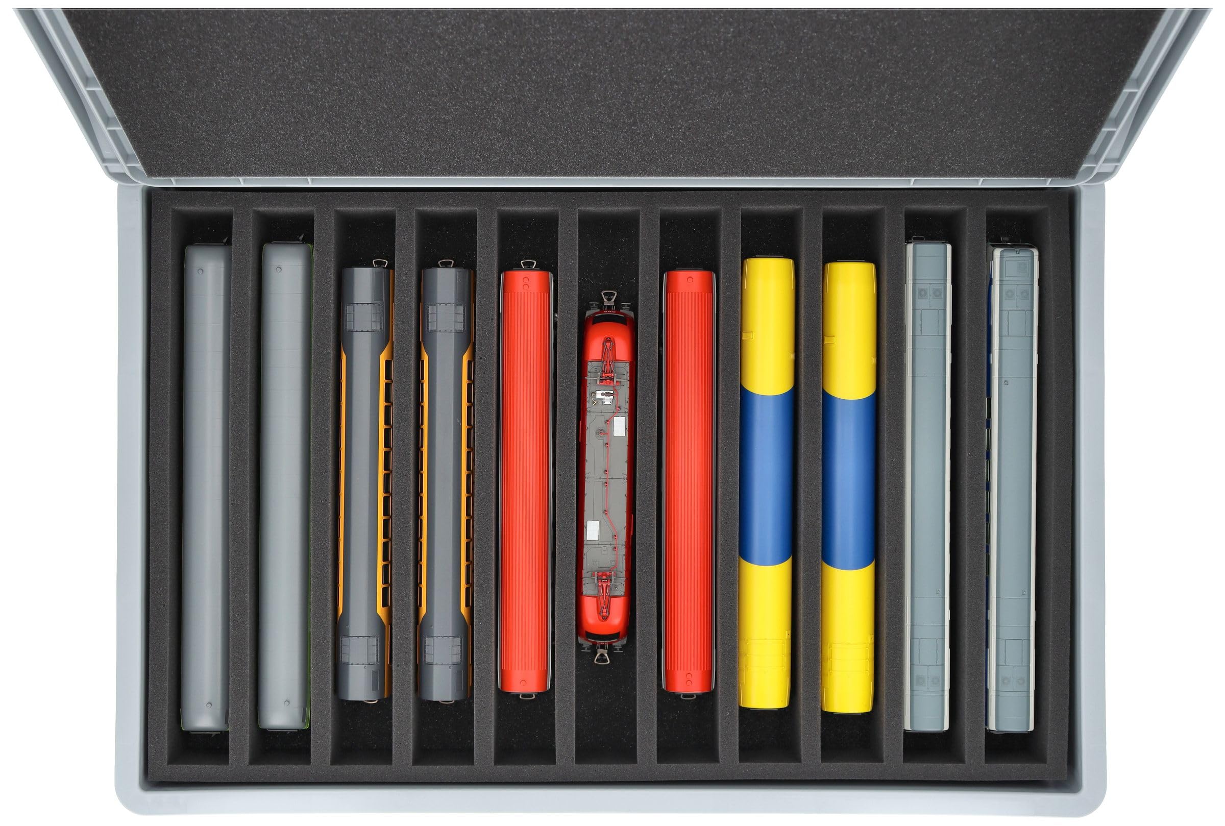 Feldherr Eurobox 60 x 40 cm Set für Modelleisenbahnen - Spur H0-11 Fächer - Schaumstoffeinlage für stehende Aufbewahrung - kompakte Transportlösung für Loks und Waggons