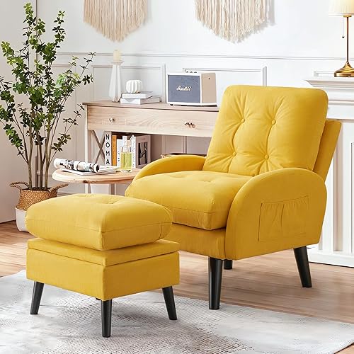 Miniatura 9 de Silla decorativa con respaldo ajustable otomano, silla de sala de estar tapizada con juego de reposapiés, silla moderna, acogedora silla reclinable