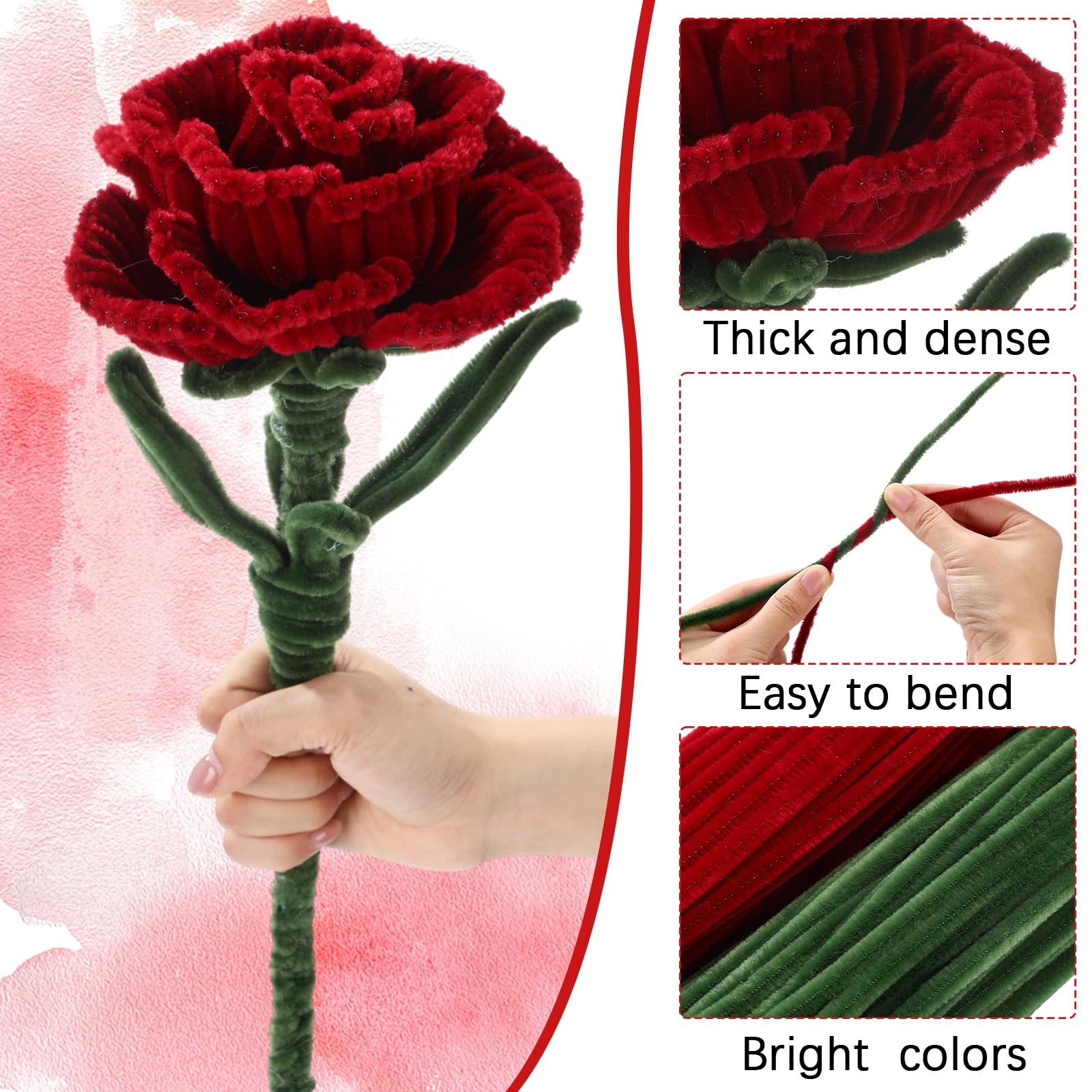 DaisyInner Rote Pfeifenreiniger, Bastelset für Blumen, Chenille-Stiele für Bastelarbeiten, Blumendrahte, Blumenstrauß, Festivals, Kunstprojekte, Heimdekorationen, 500 Stück