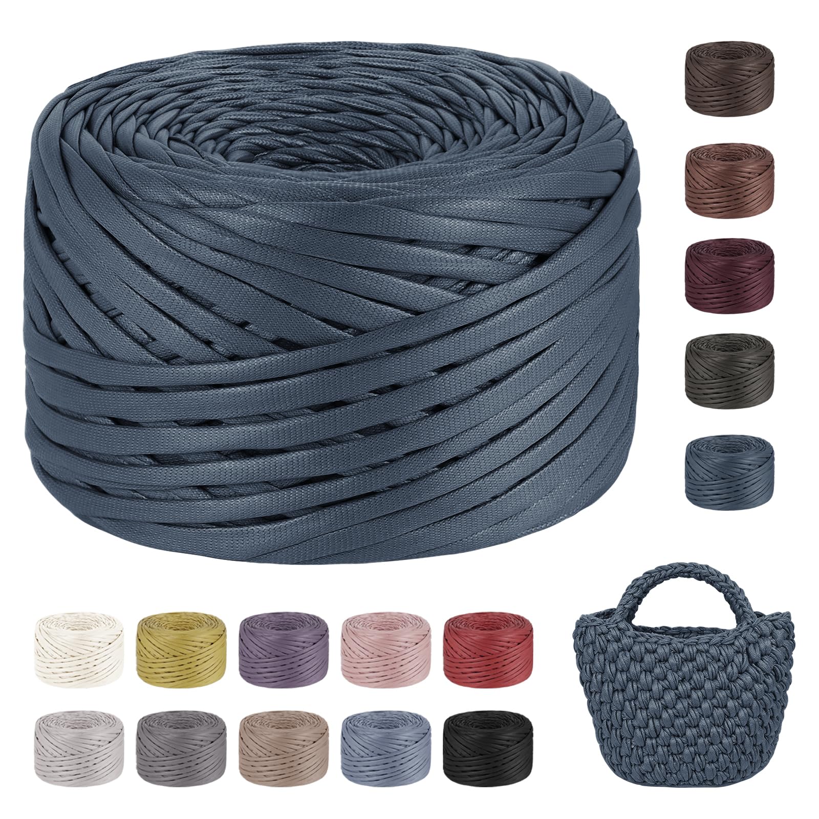 LEREATI Tshirt Yarn for Crocheting 200g/90m Single-Side Faux Leather Looking Fabric, Soft Polyester Cloth Ribbon T Shirt Yarn for Crocheting Baskets Bags Rugs Home Decor DIY Crafts (Denim Blue)