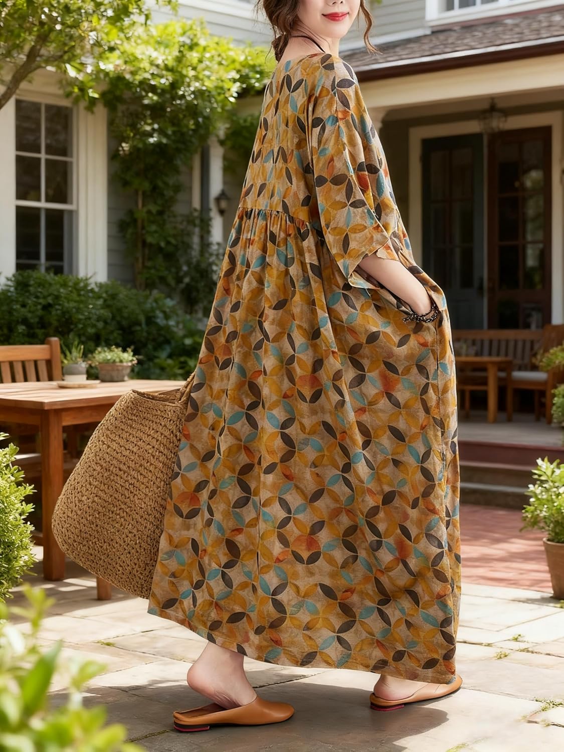 Women's Plus Size Casual Dresses Vintage Printed Summer Loose Baggy Dress Round Neck with Side Pockets Yellow Brown - Image 5