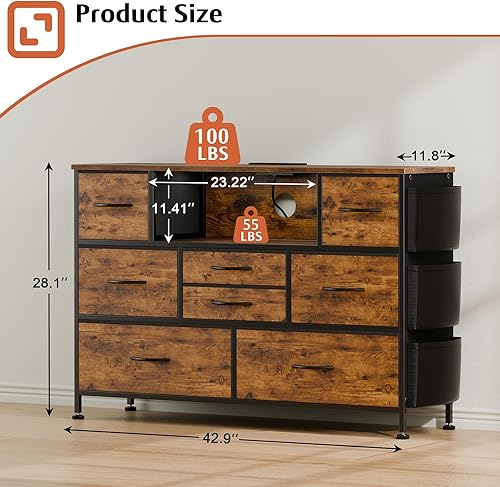 Miniatura 3 de Cómoda para dormitorio con 8 cajones, soporte de TV con luces LED, cómoda de tela con bolsillo lateral para sala de estar, entrada, muebles de