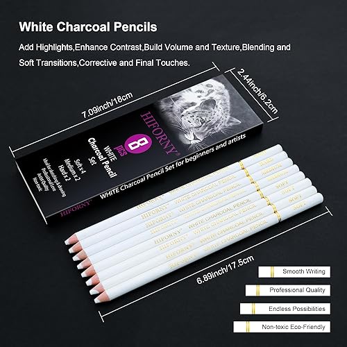 Miniatura 2 de HIFORNY Juego de 8 lápices de carbón blanco para dibujo, bocetos, sombreado, mezcla, lápices de tiza para principiantes y artistas