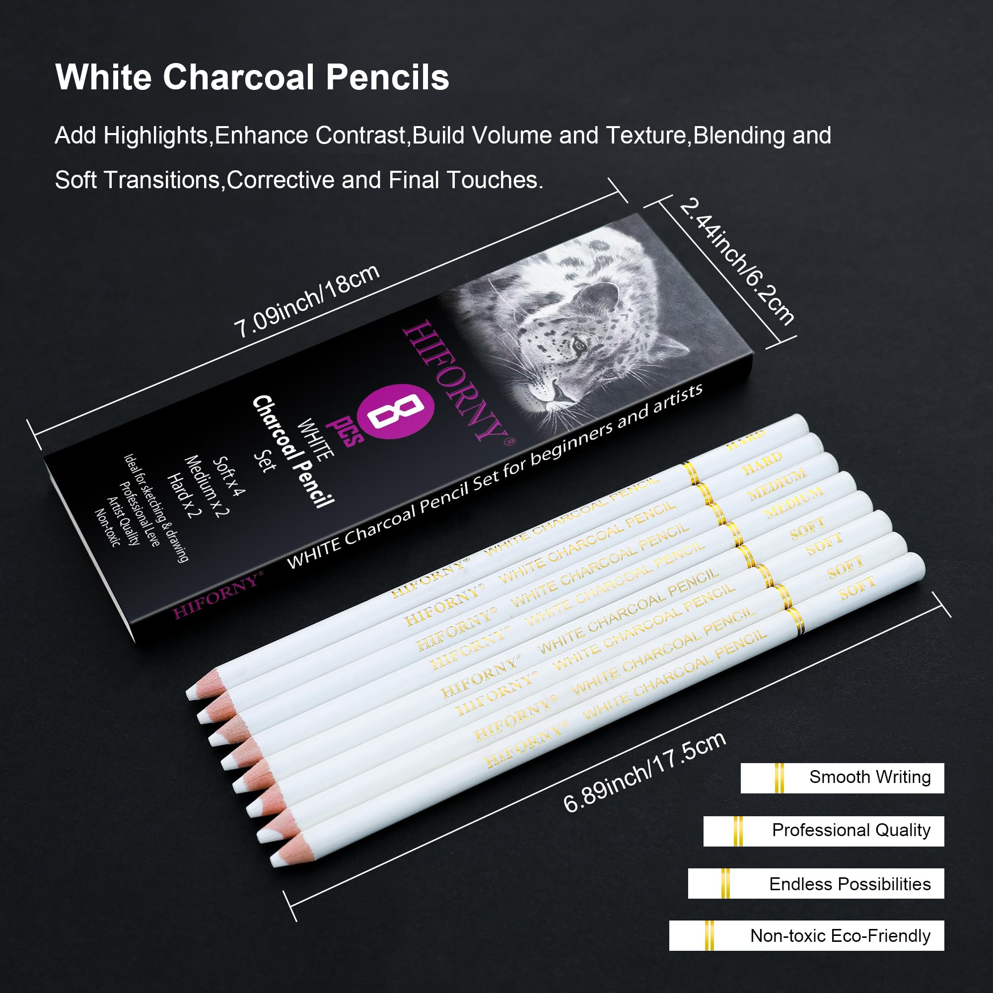 HIFORNY Set di 8 matite a carboncino bianco per disegnare, schizzi, ombreggiature, sfumature, matite a gesso bianco per principianti e artisti
