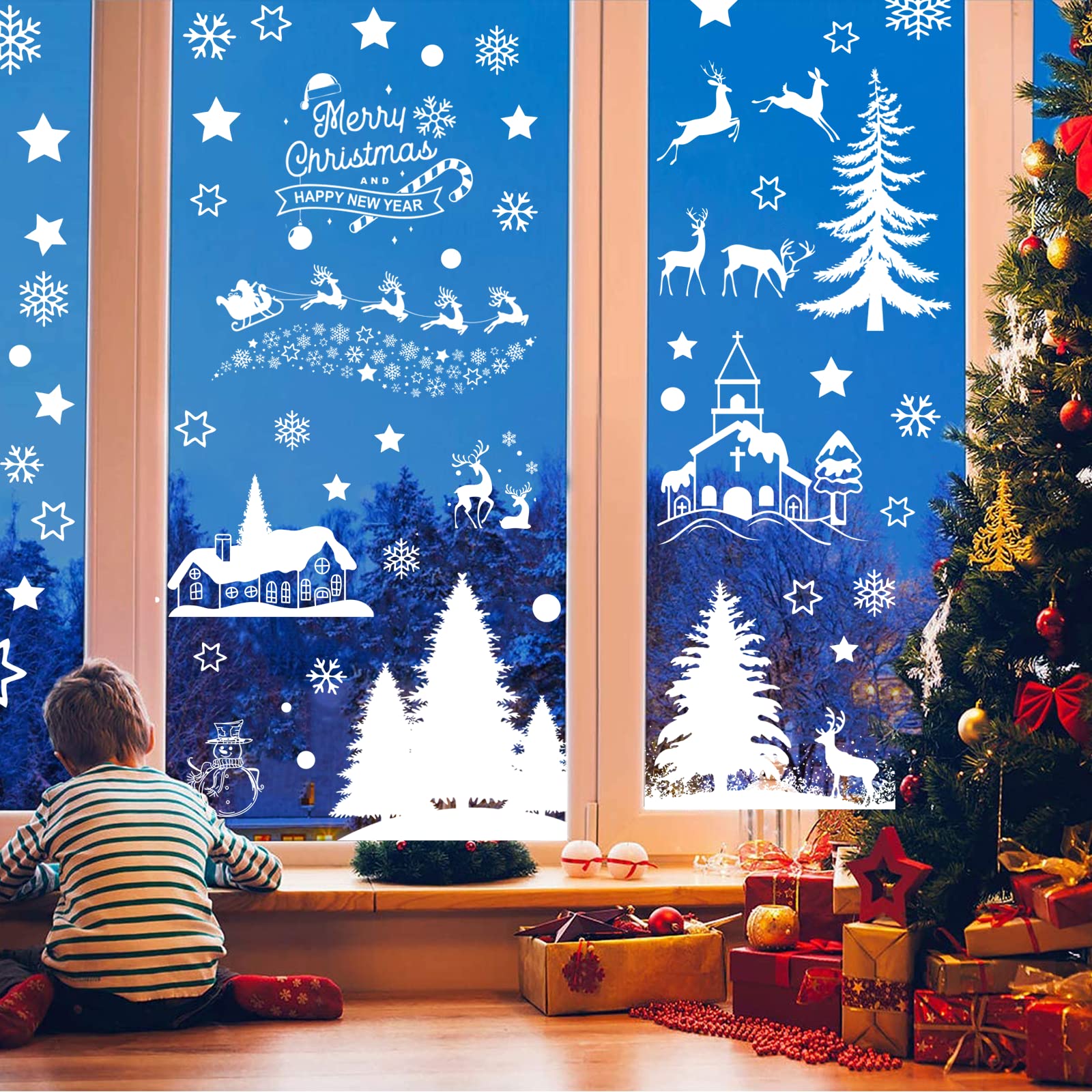 242 Pezzi Adesivi Per Finestre Di Natale – 9 Fogli Con Decalcomanie Feste – Babbo Natale, Pupazzo Di Neve, Albero – Decorazioni Natalizie Fai Da Te