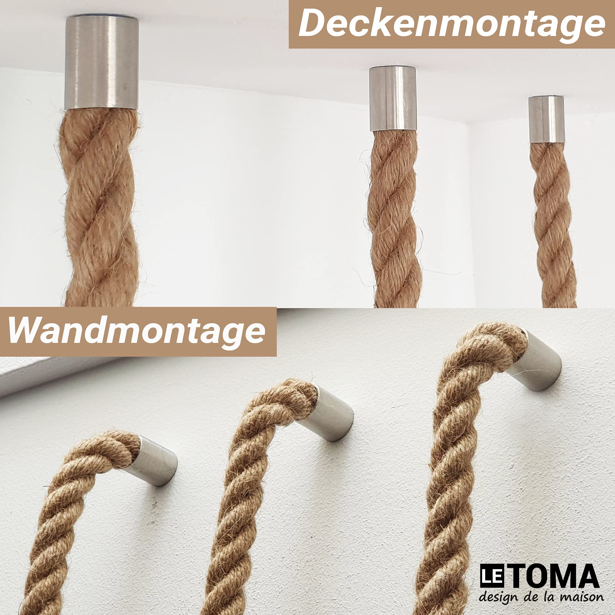 Guardaroba in corda di juta con ganci in metallo per appendere al soffitto, parete in design industriale - pratico, salvaspazio - 1x corda de 160 cm e 5 robusti ganci per gru in acciaio