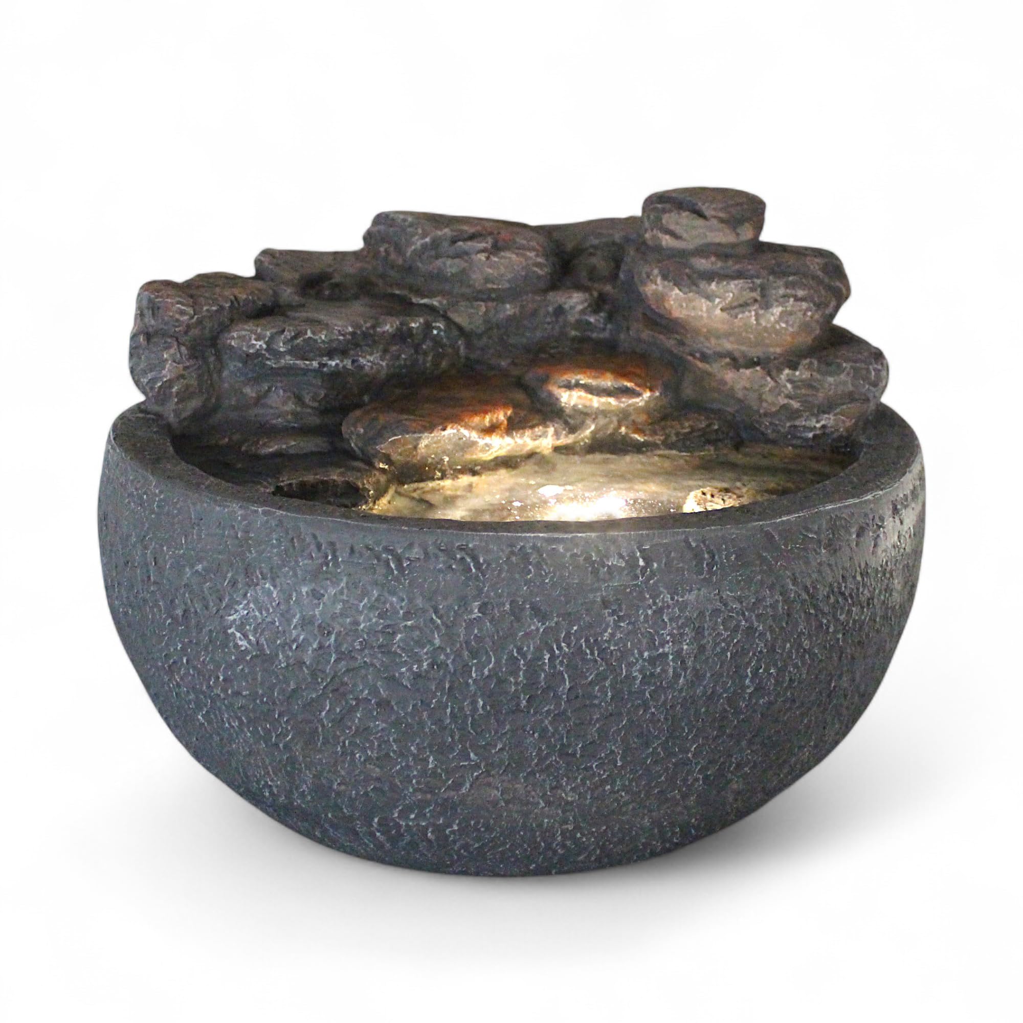 LED Zimmerbrunnen & Gartenbrunnen in Steinoptik Ø 42 cm – mit warmweißer Beleuchtung, Wasserfall & 450 L/h Pumpe – Indoor & Outdoor Deko Brunnen aus Polyresin, Komplett-Set mit Netzteil
