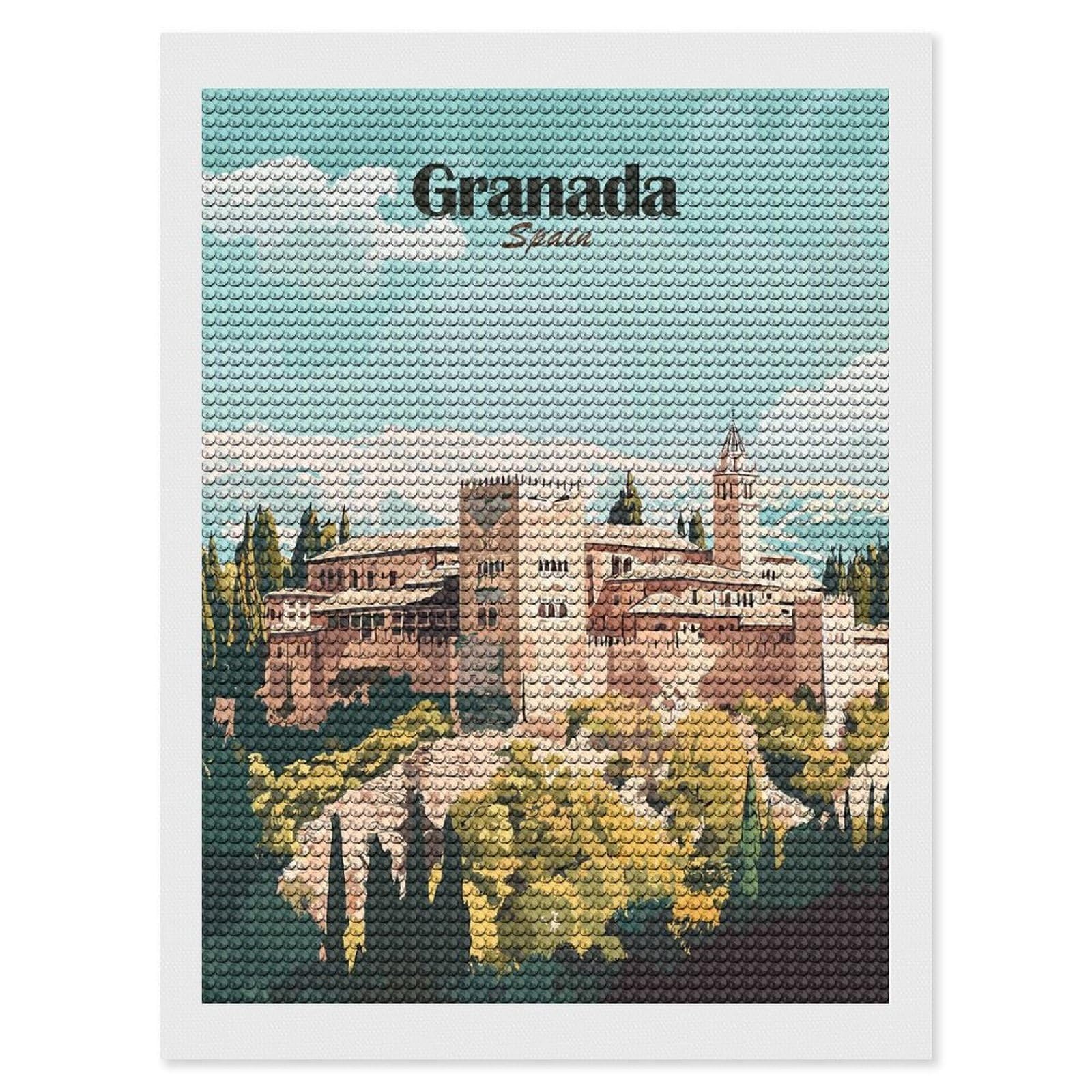 Junmoney Granada Spain Travel Diamond Art Kit 12"x16", Creative Leisure Activity, Complete Accessories, Vintage Style Decor, for Women